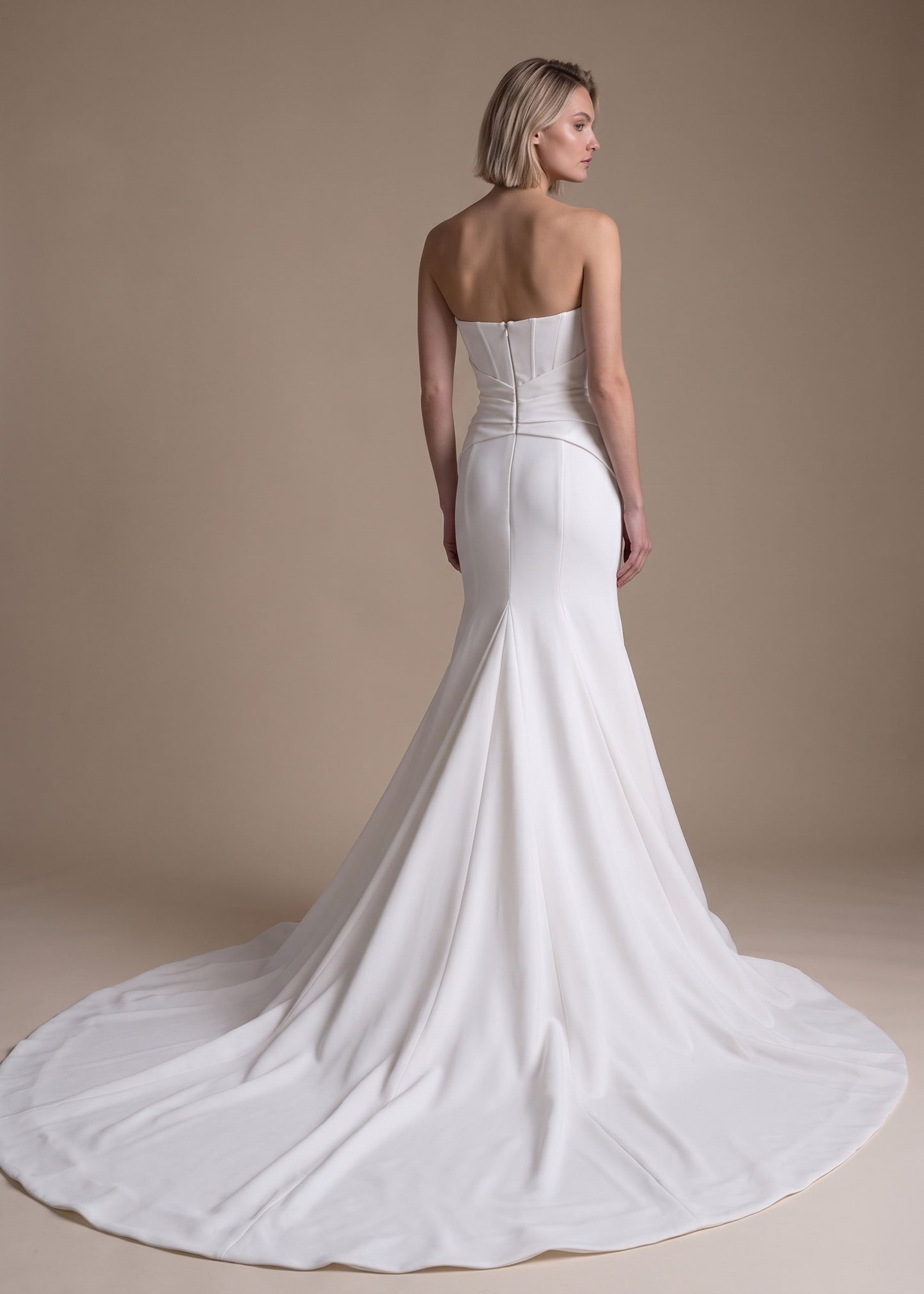 Strapless Crepe Corset Mermaid Wedding Gown with Draped Waist