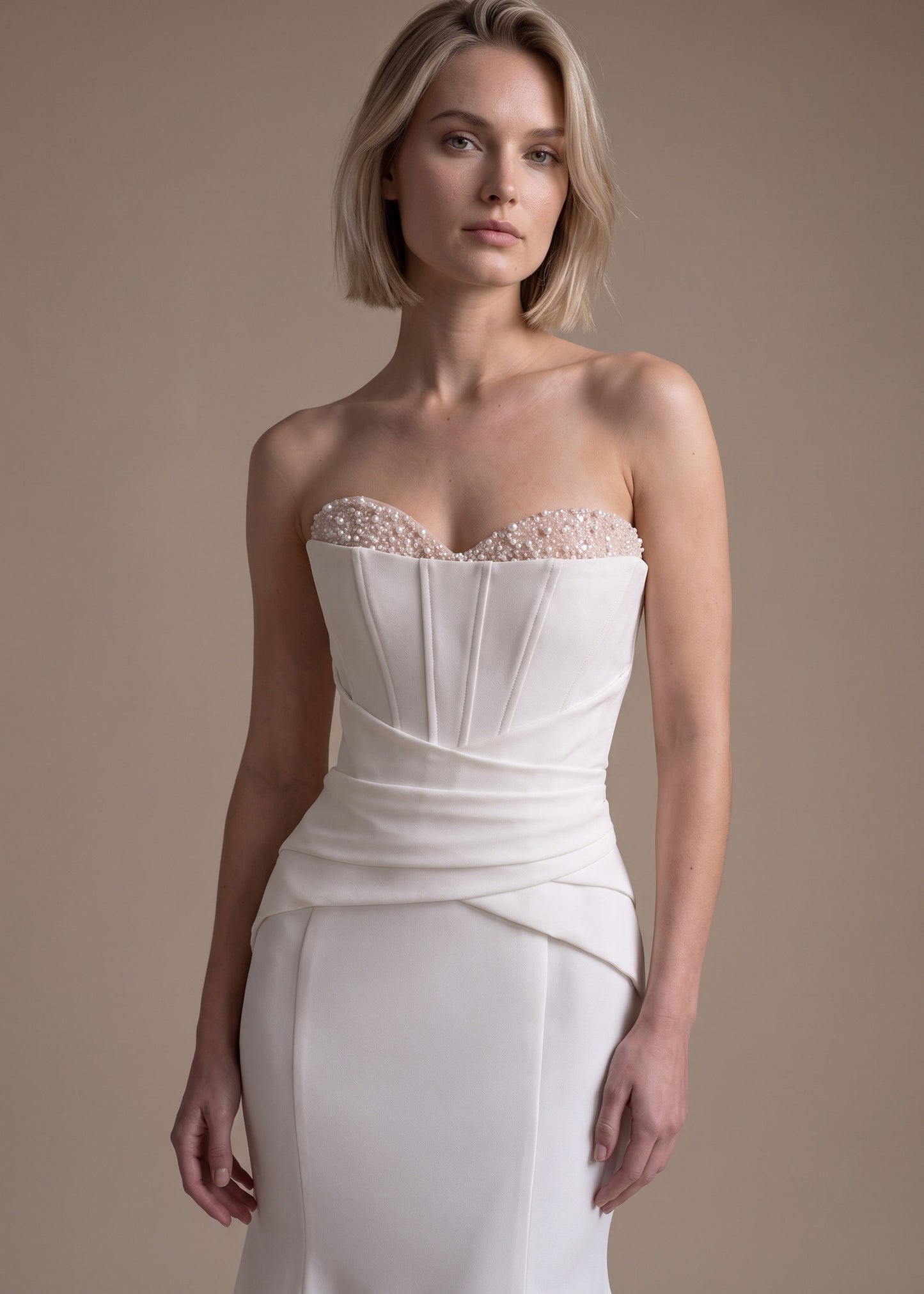 Strapless Crepe Corset Mermaid Wedding Gown with Draped Waist
