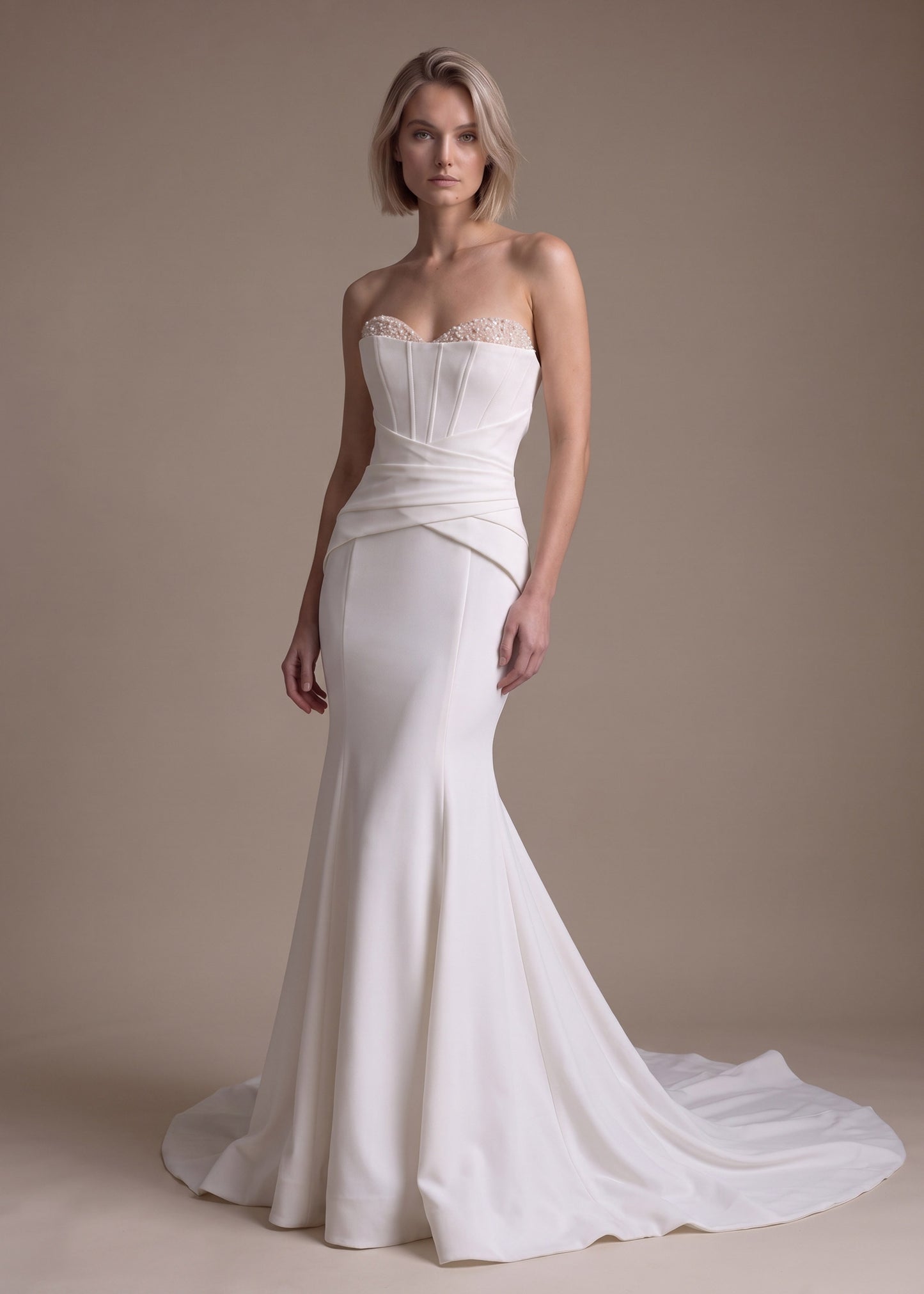 Strapless Crepe Corset Mermaid Wedding Gown with Draped Waist