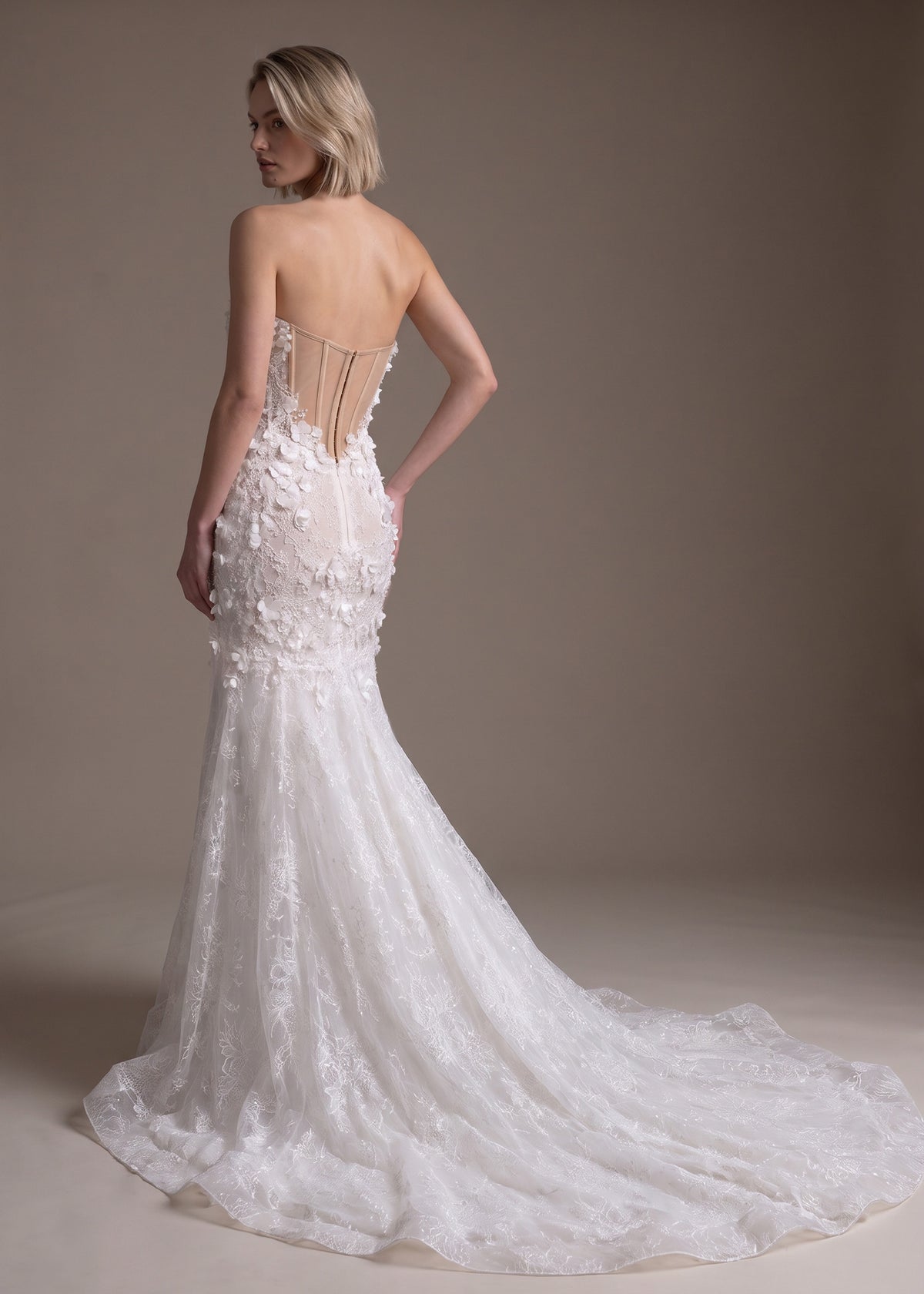 3D Floral Lace Strapless Mermaid Wedding Gown with Train