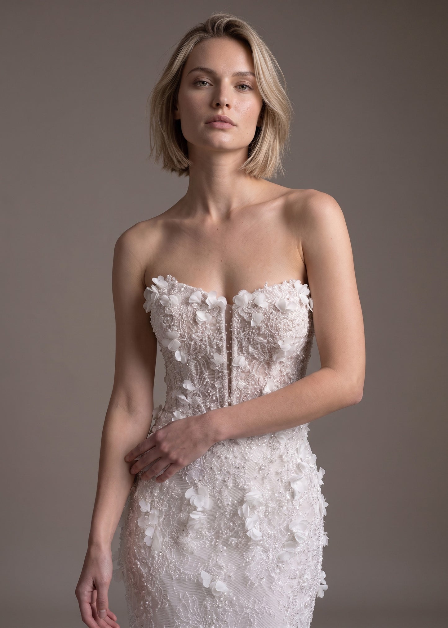 3D Floral Lace Strapless Mermaid Wedding Gown with Train