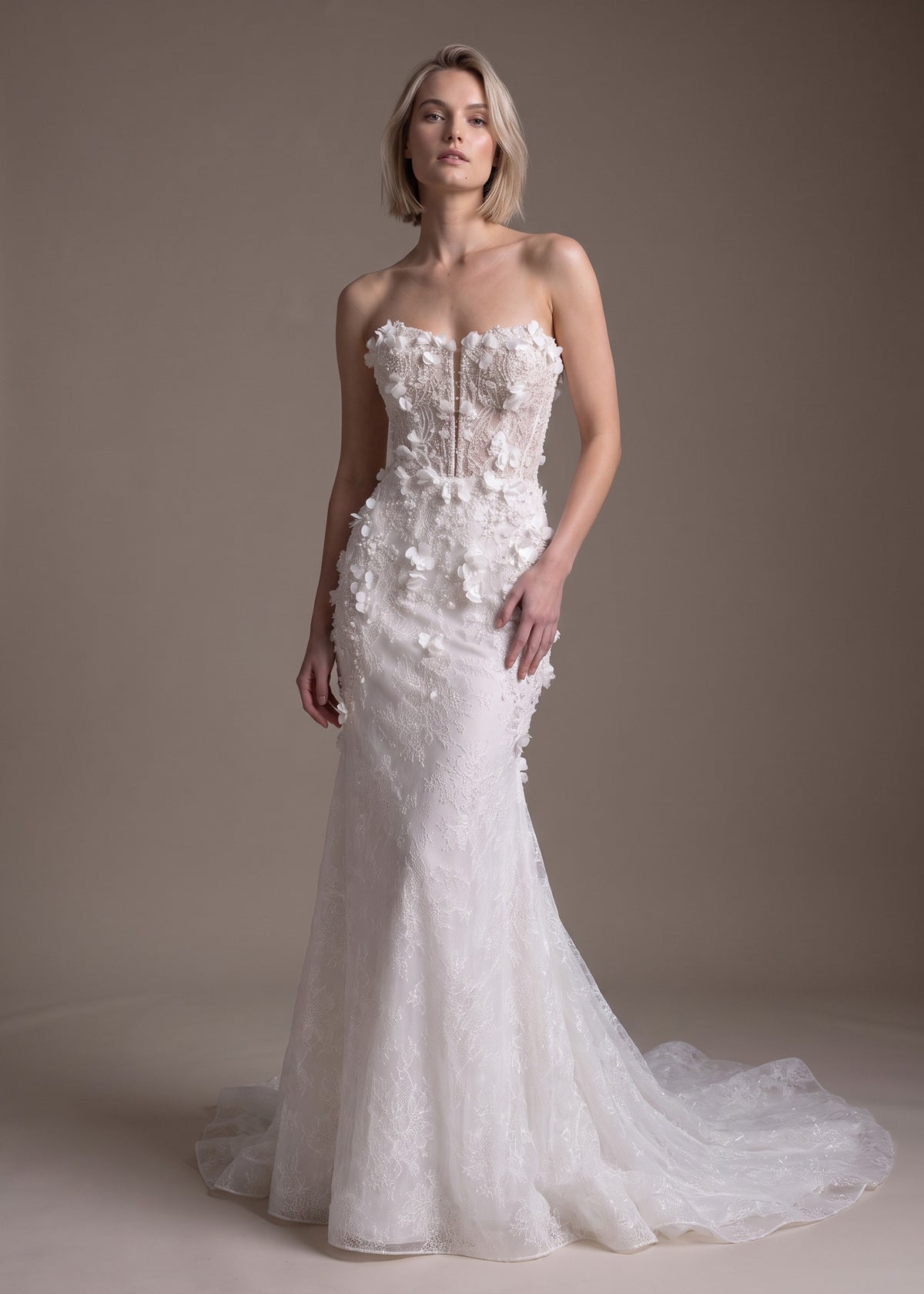 3D Floral Lace Strapless Mermaid Wedding Gown with Train