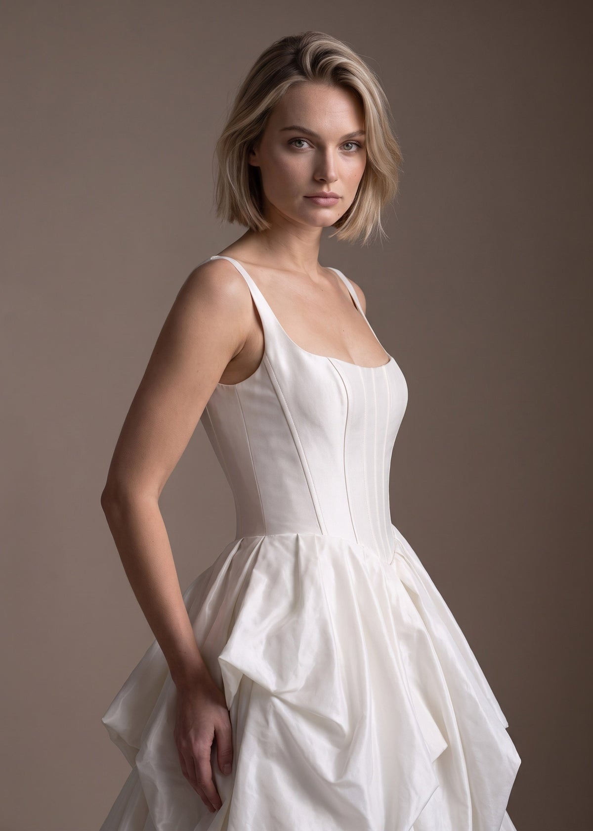 Basque Waist A-Line Wedding Gown with Cascading Ruffle Skirt