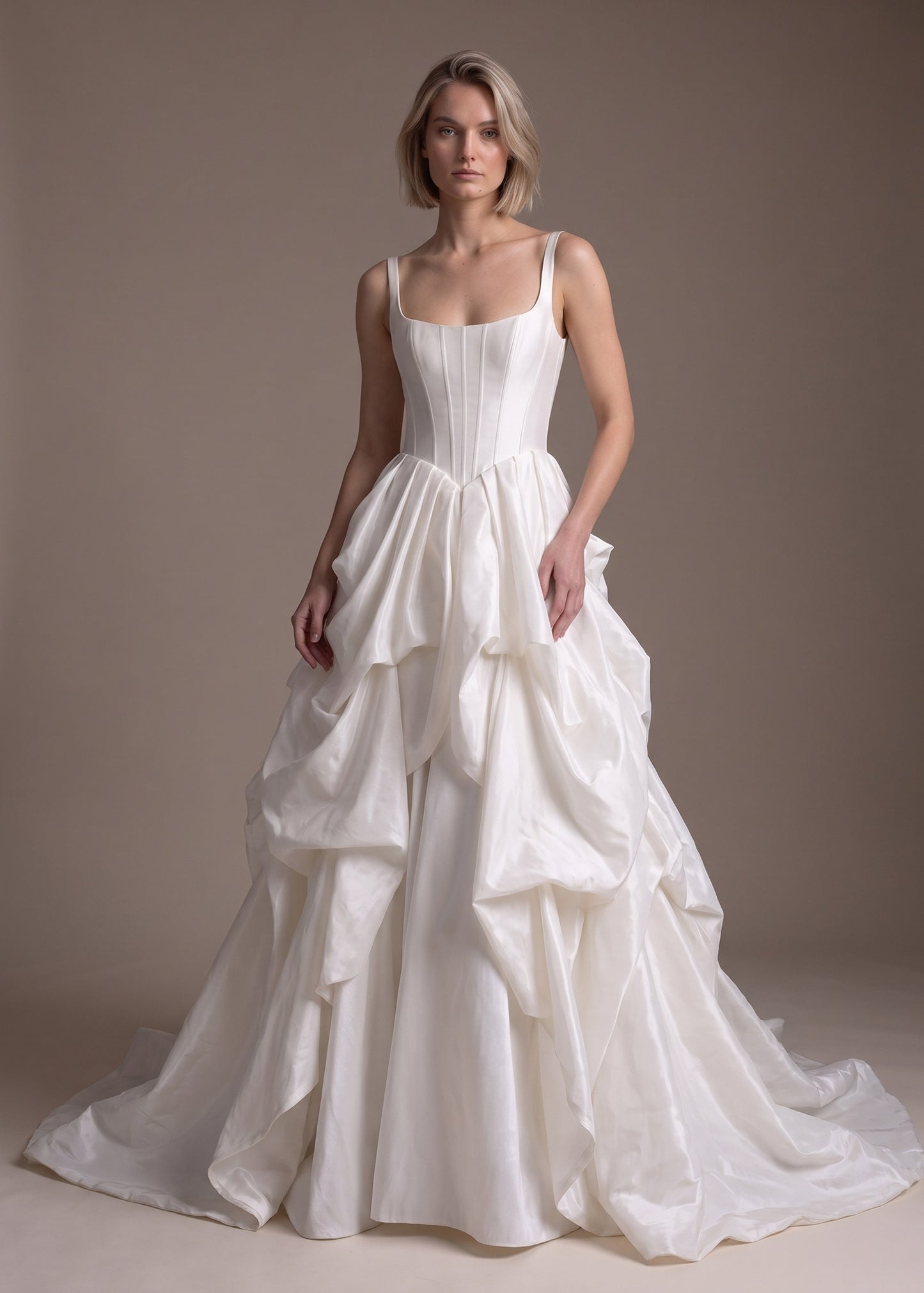 Basque Waist A-Line Wedding Gown with Cascading Ruffle Skirt