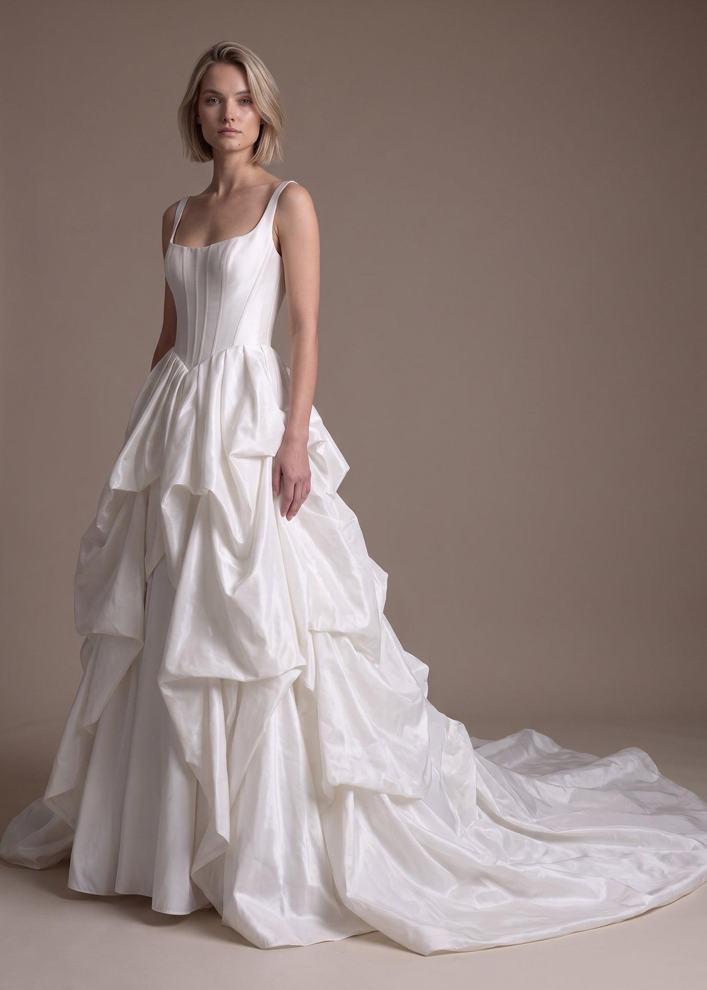 Basque Waist A-Line Wedding Gown with Cascading Ruffle Skirt