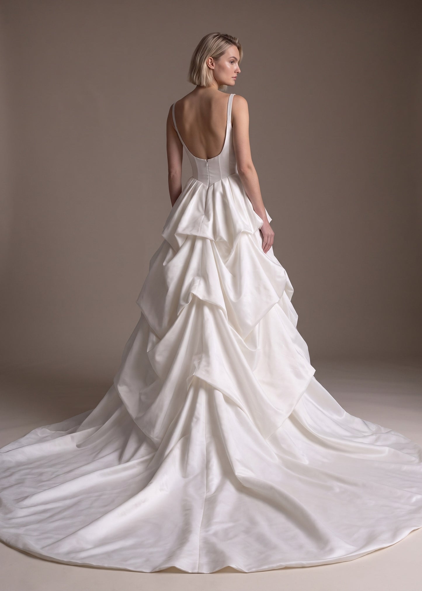 Basque Waist A-Line Wedding Gown with Cascading Ruffle Skirt