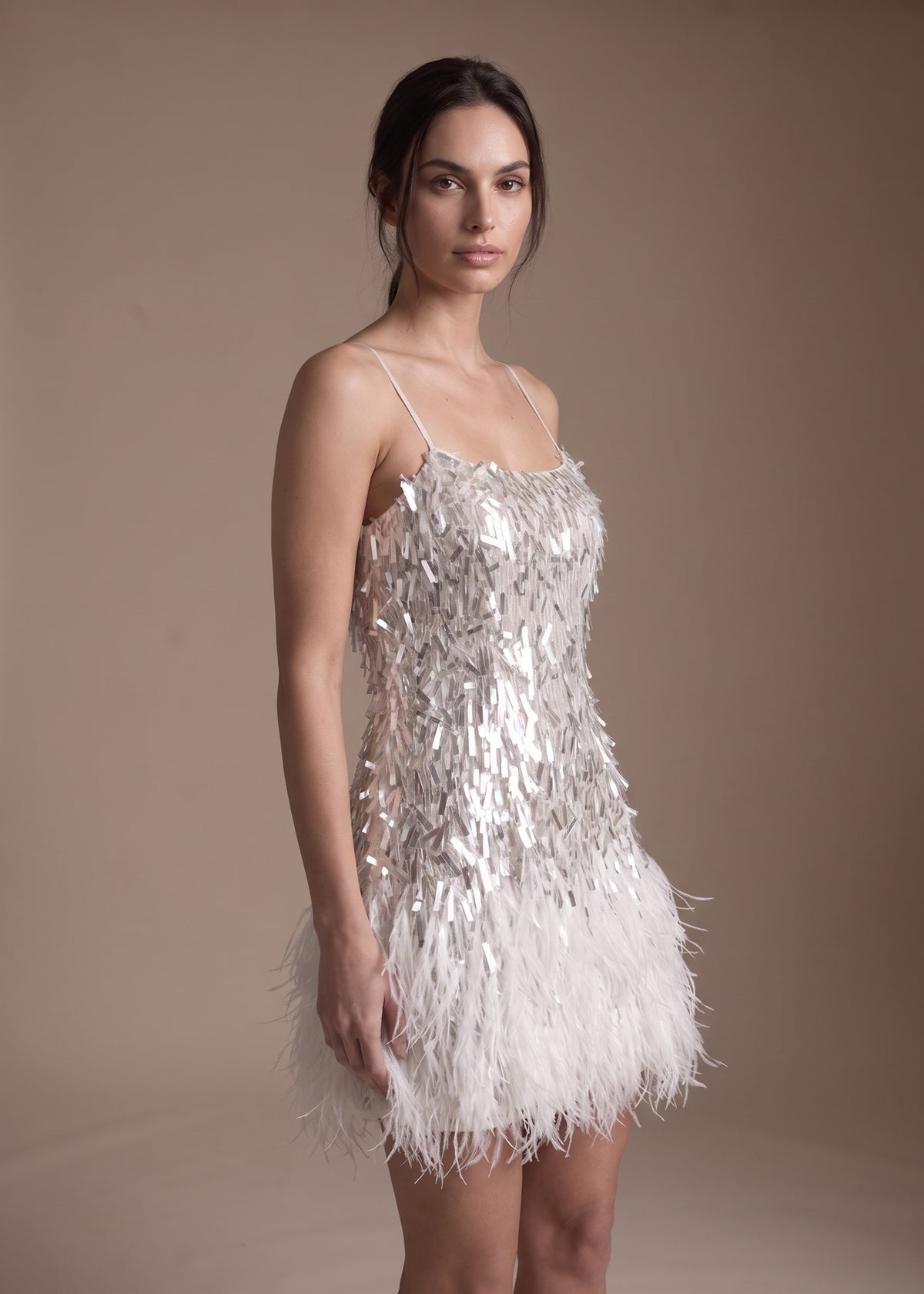 Fun, Flirty Mini Dress with Sequins and Feather Skirt