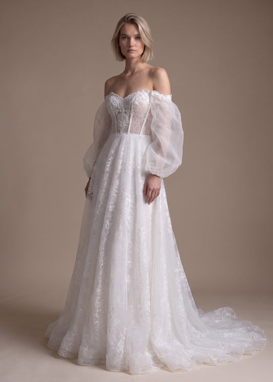 Sweetheart A-Line Gown with Off-the-Shoulder Sleeves