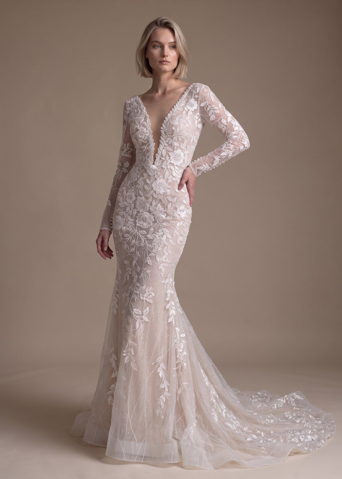 Floral Lace Mermaid Gown with Depp V-Neckline & Long Sleeve