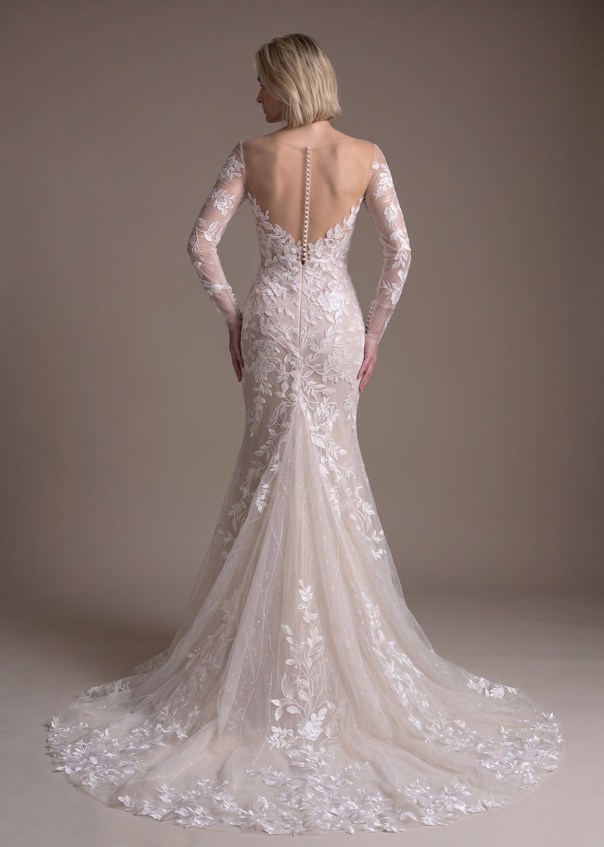 Floral Lace Mermaid Gown with Depp V-Neckline & Long Sleeve