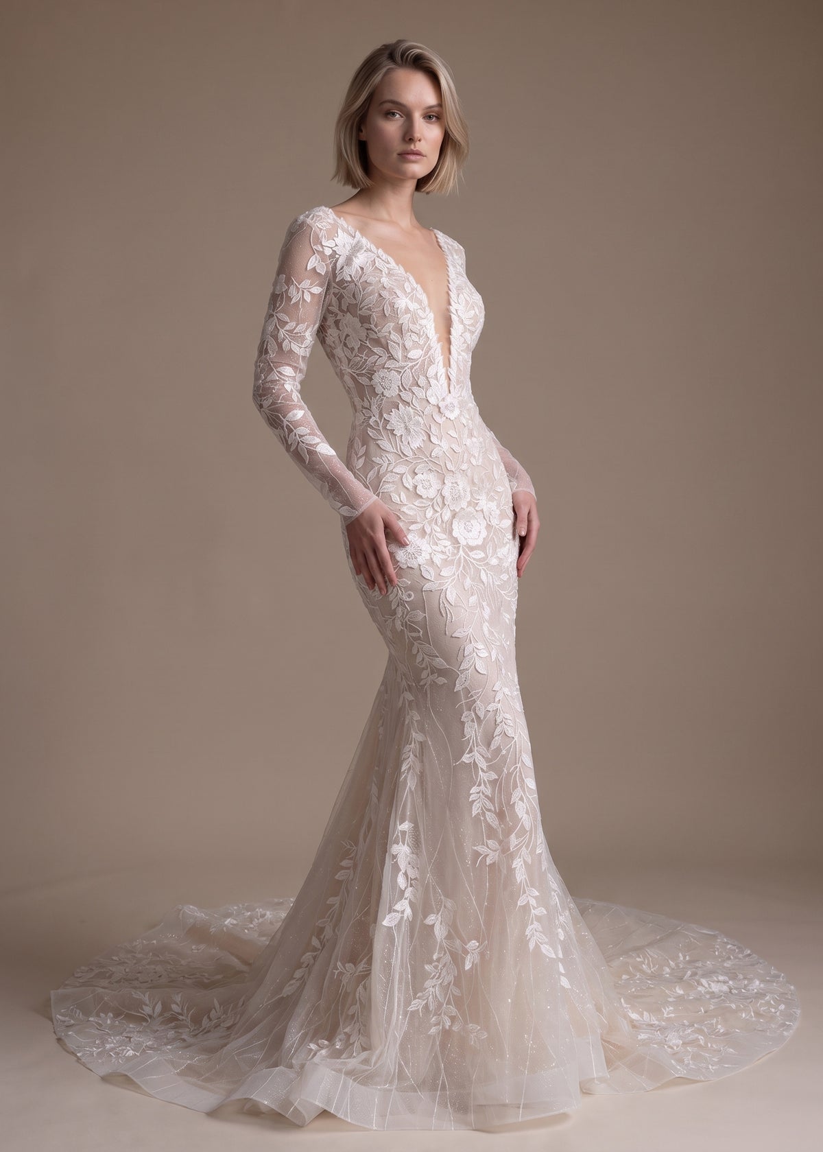 Floral Lace Mermaid Gown with Depp V-Neckline & Long Sleeve