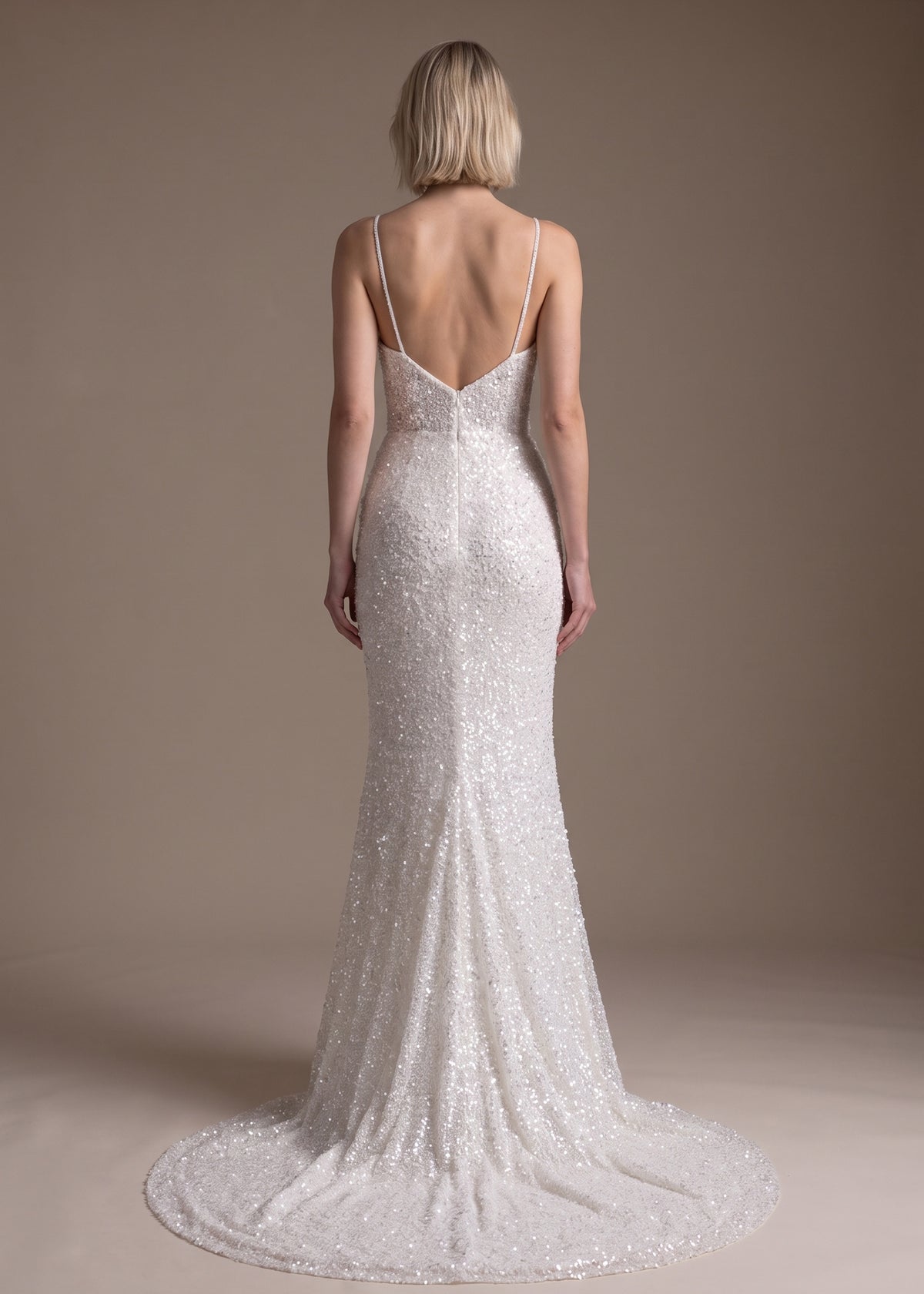 Crystal Beaded Tulle Gown with V-Neckline & Cathedral Train