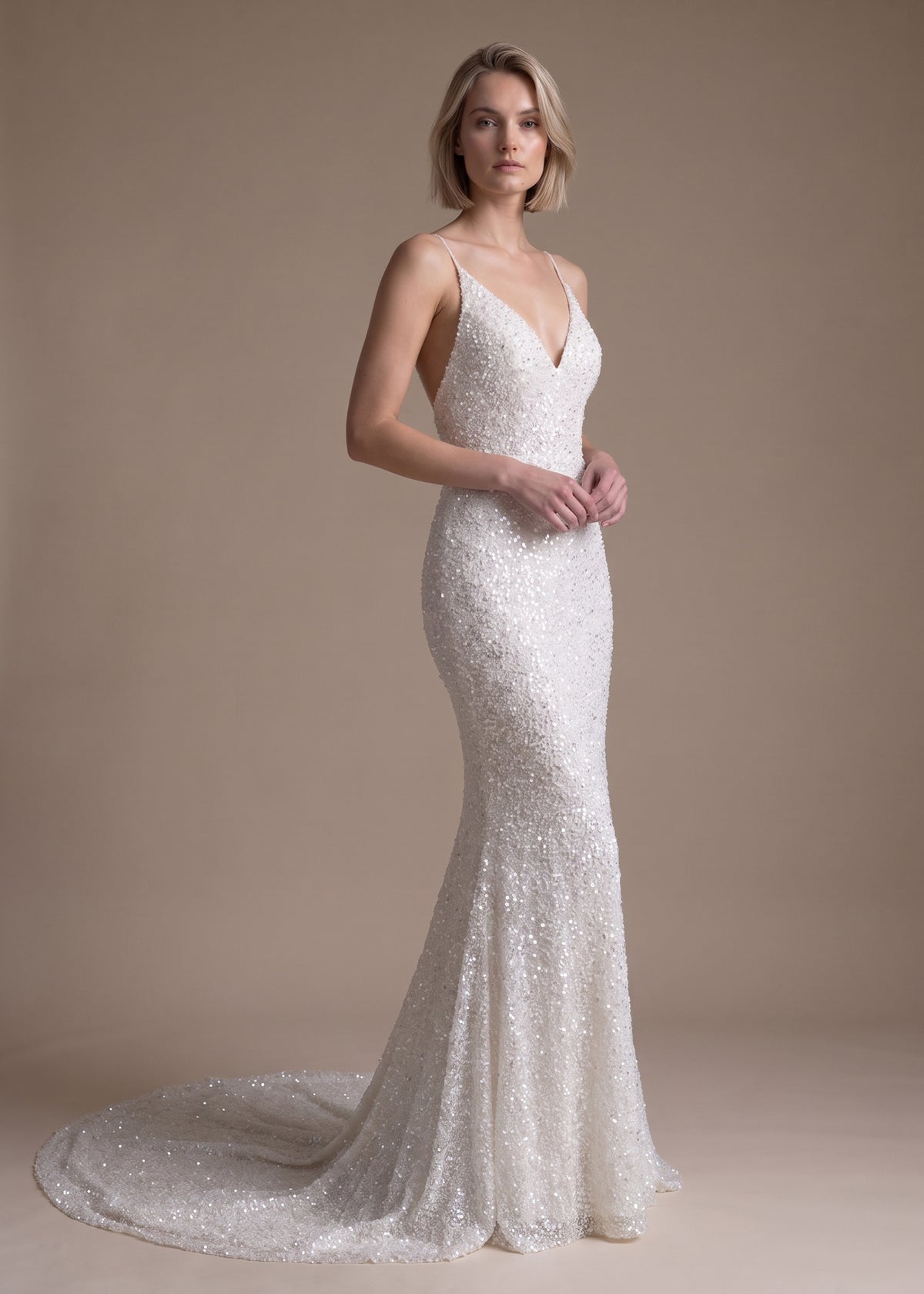 Crystal Beaded Tulle Gown with V-Neckline & Cathedral Train