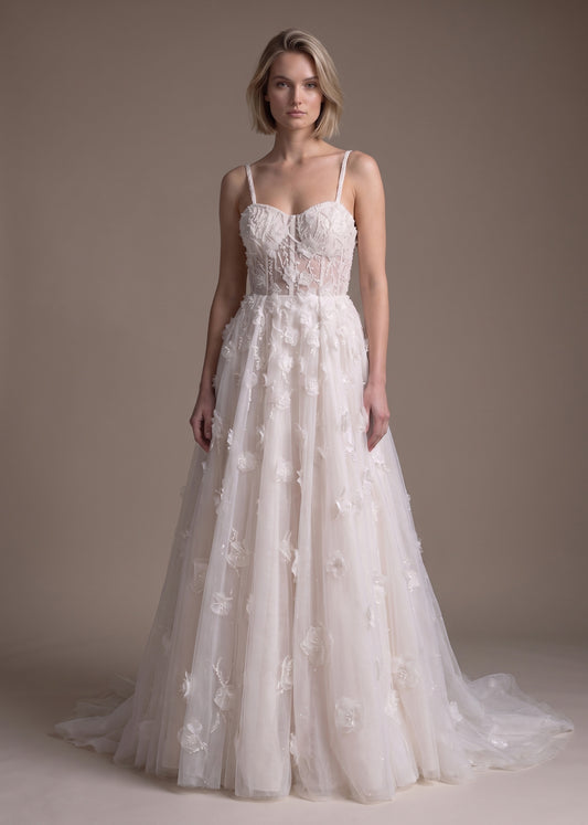 A-Line Wedding Gown Embellished with Hand-Beaded Lotus Florals | Lotus Threads Bridal
