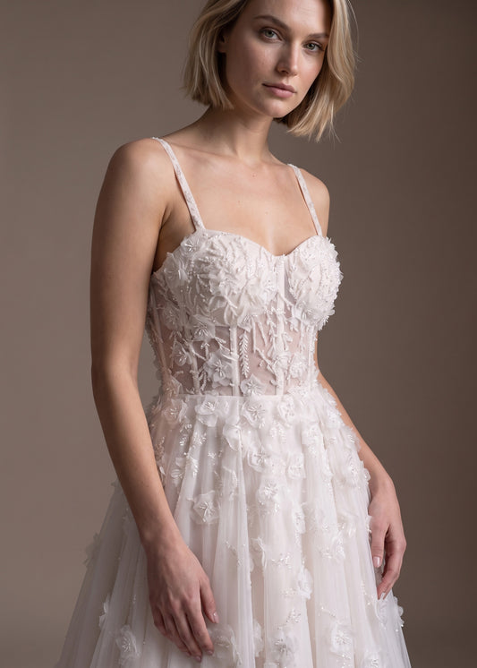 A-Line Ball Gown with Hand-Beaded Lotus Florals