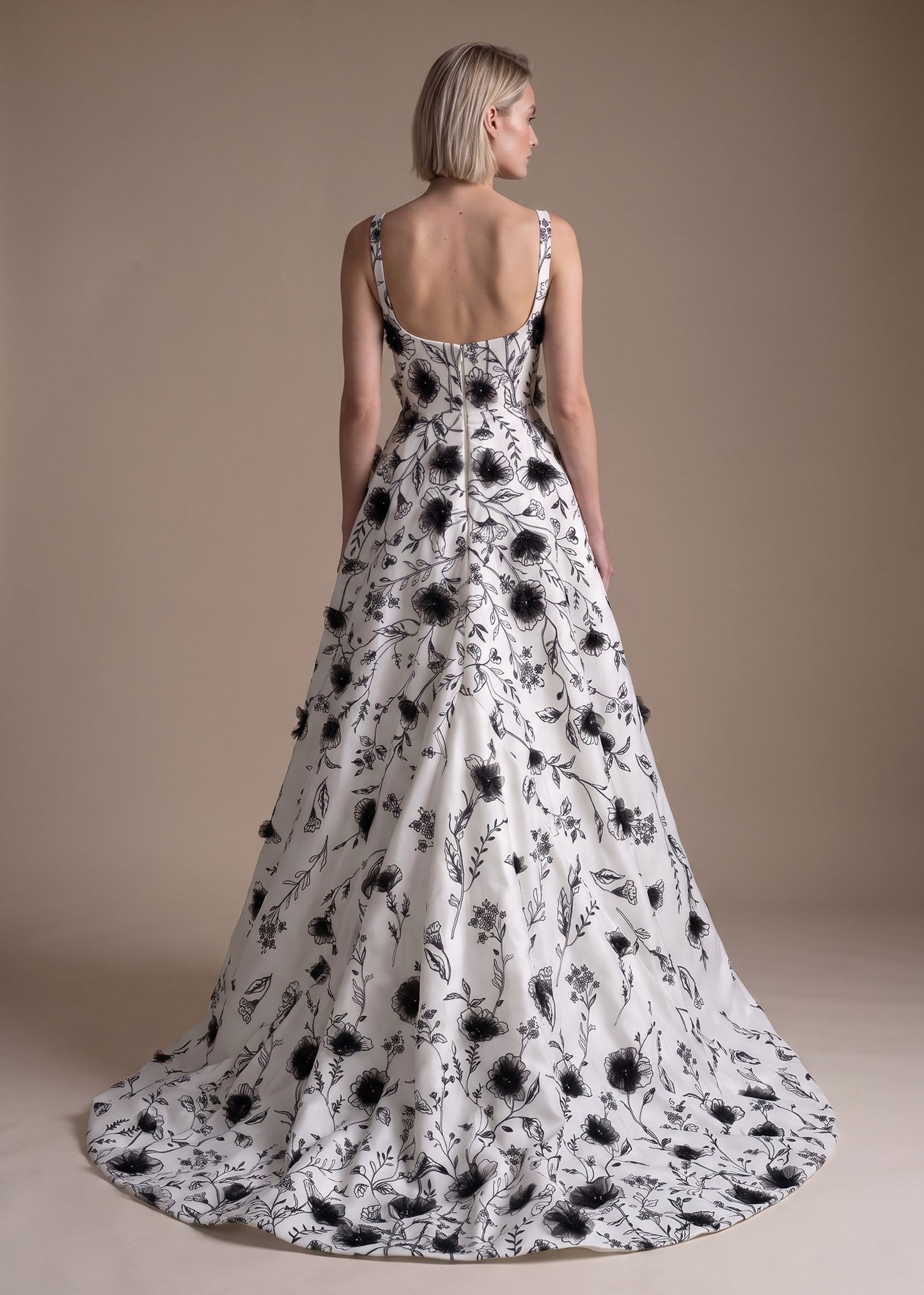 Square Neck A-Line Gown with 3D Floral Print