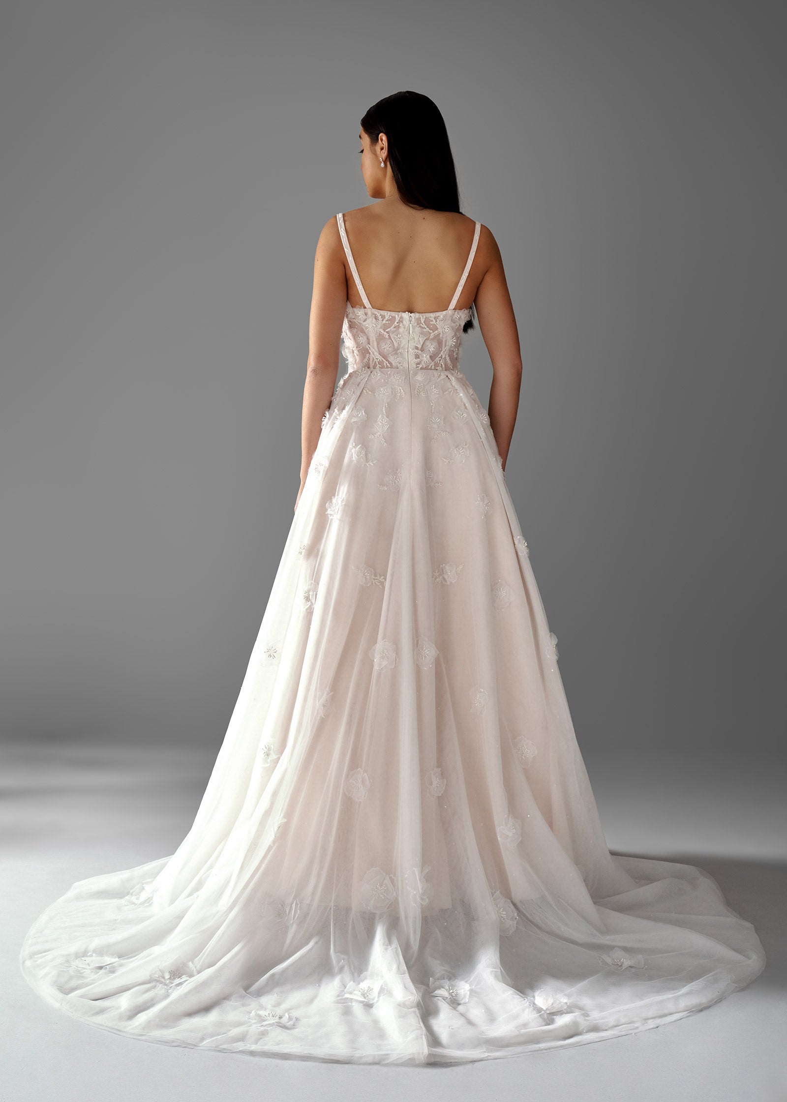 A-Line Gown Embellished with Hand-Beaded Lotus Florals - back