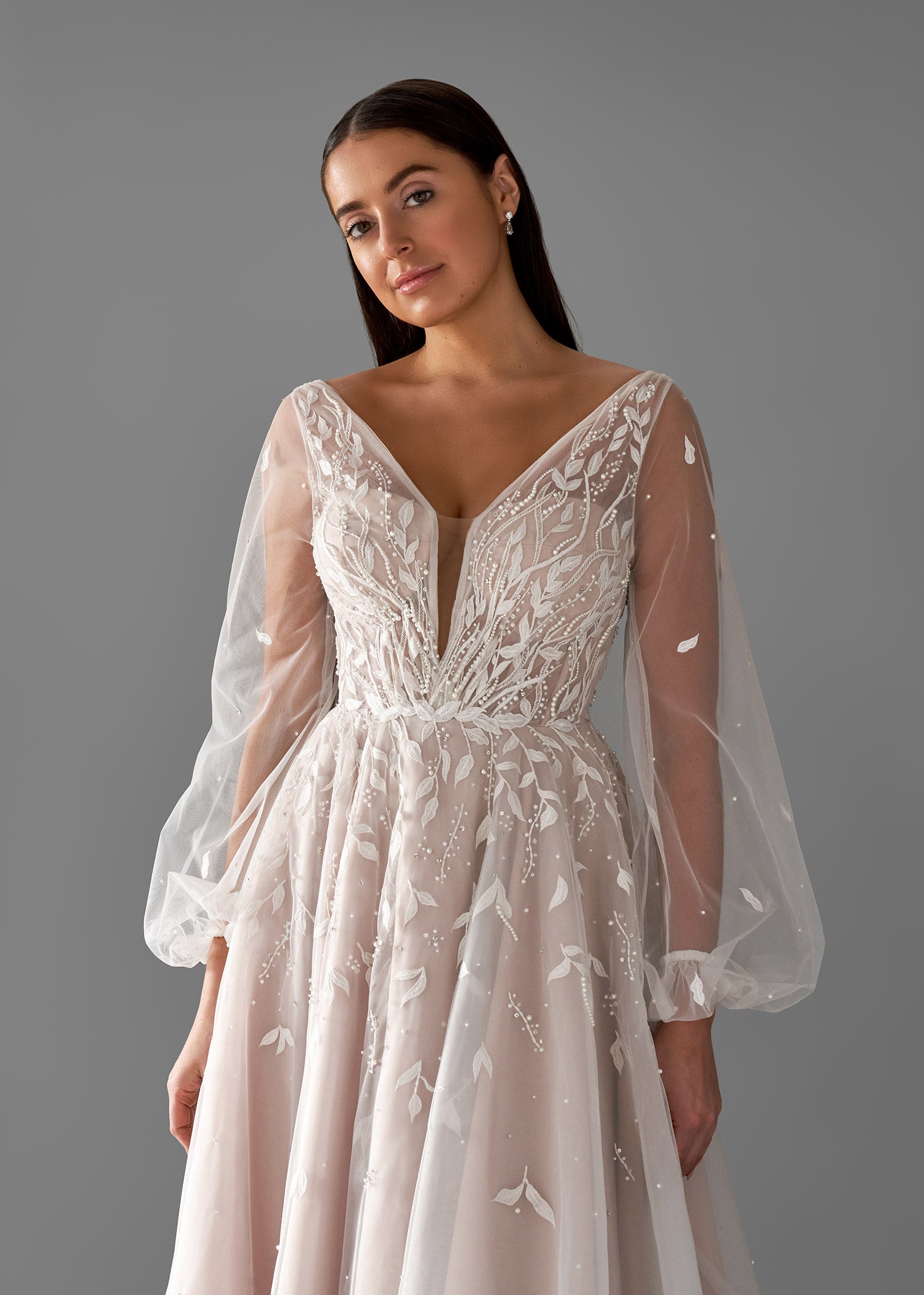 A-line Wedding Dress with Plunge Neckline and Lantern Sleeves  Lotus  Threads Bridal