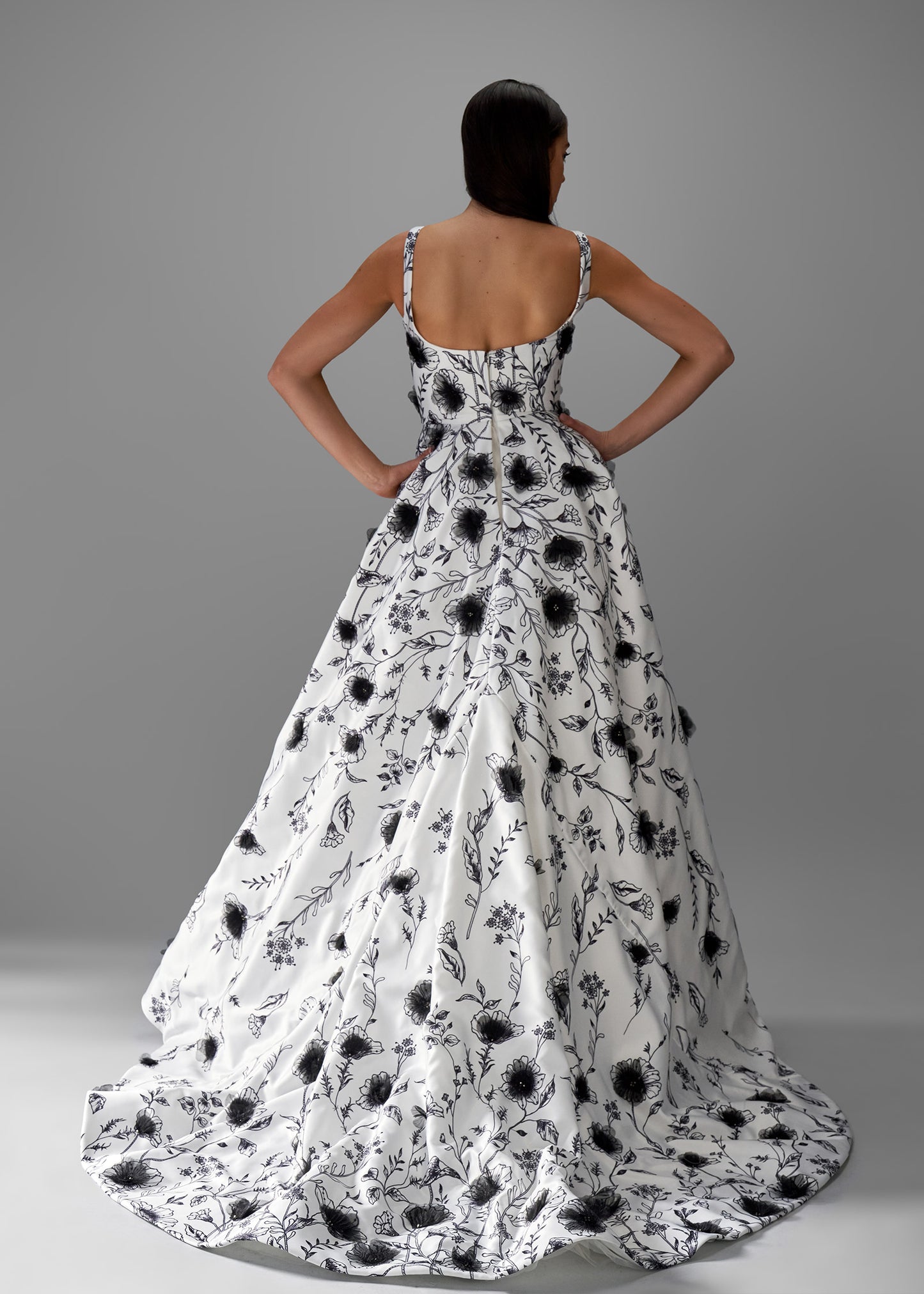 Square Neck A-line Wedding Dress with 3D Floral Print - Back