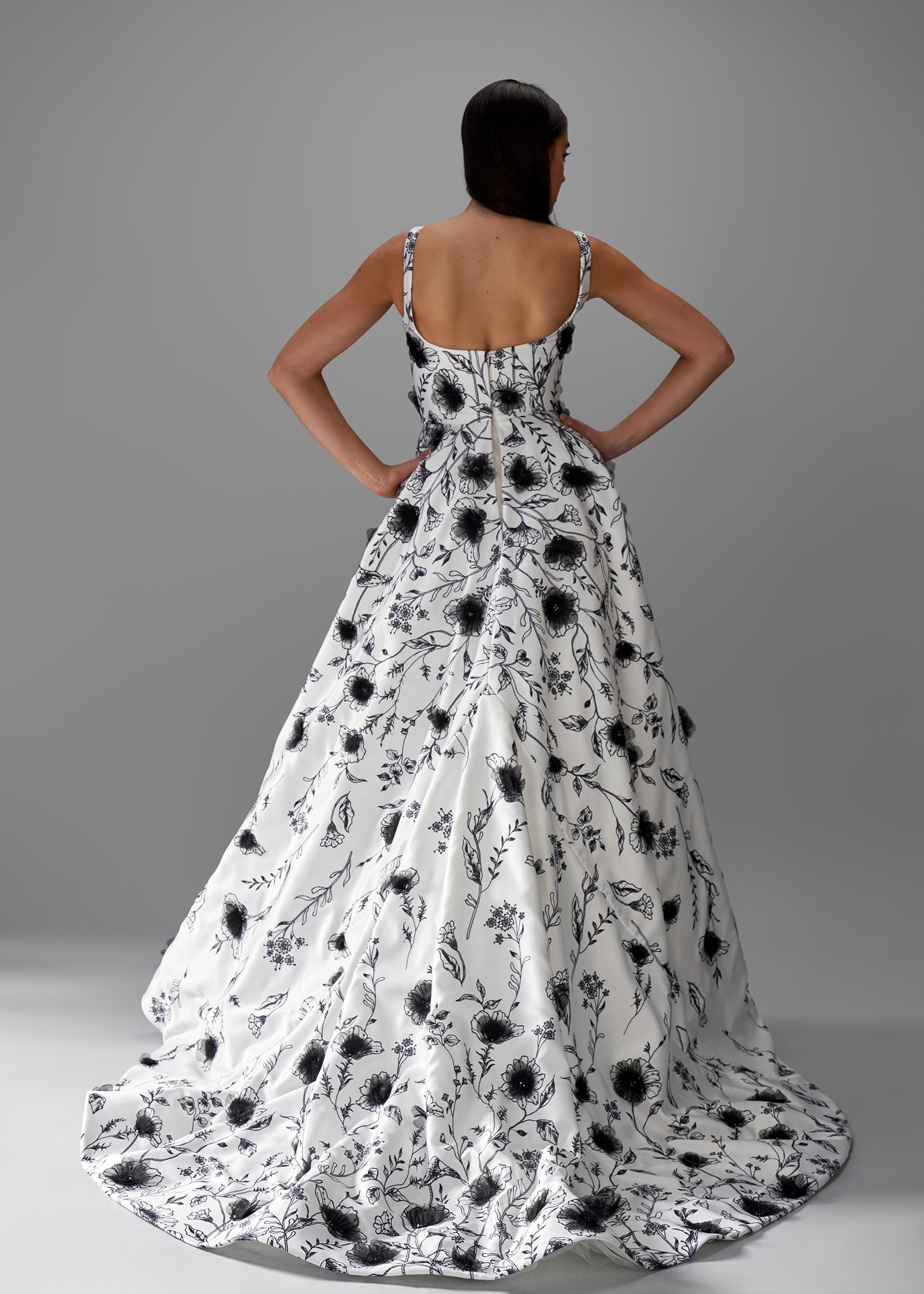 Square Neck A-line Wedding Dress with 3D Floral Print - Back