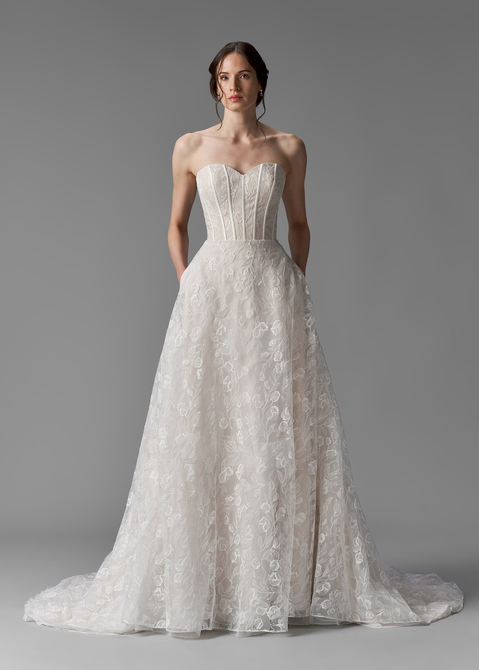 A-line Lace Gown with Sweetheart Corset and Overlay Jacket – Lotus Threads Bridal