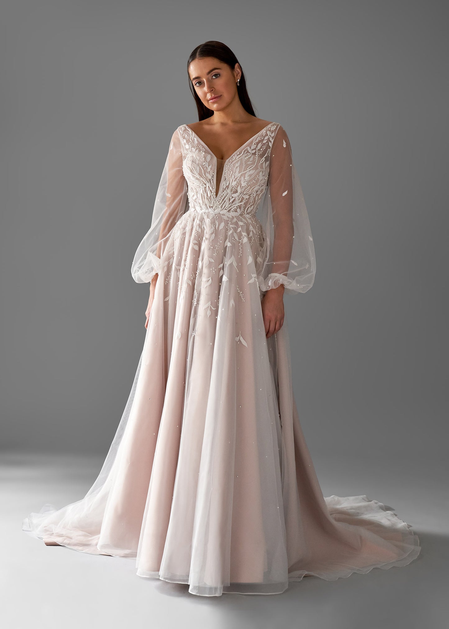 A-line Wedding Dress with Plunge Neckline and Lantern Sleeves Lotus Threads Bridal A-line Wedding Dress with Plunge Neckline and Lantern Sleeves Lotus Threads Bridal