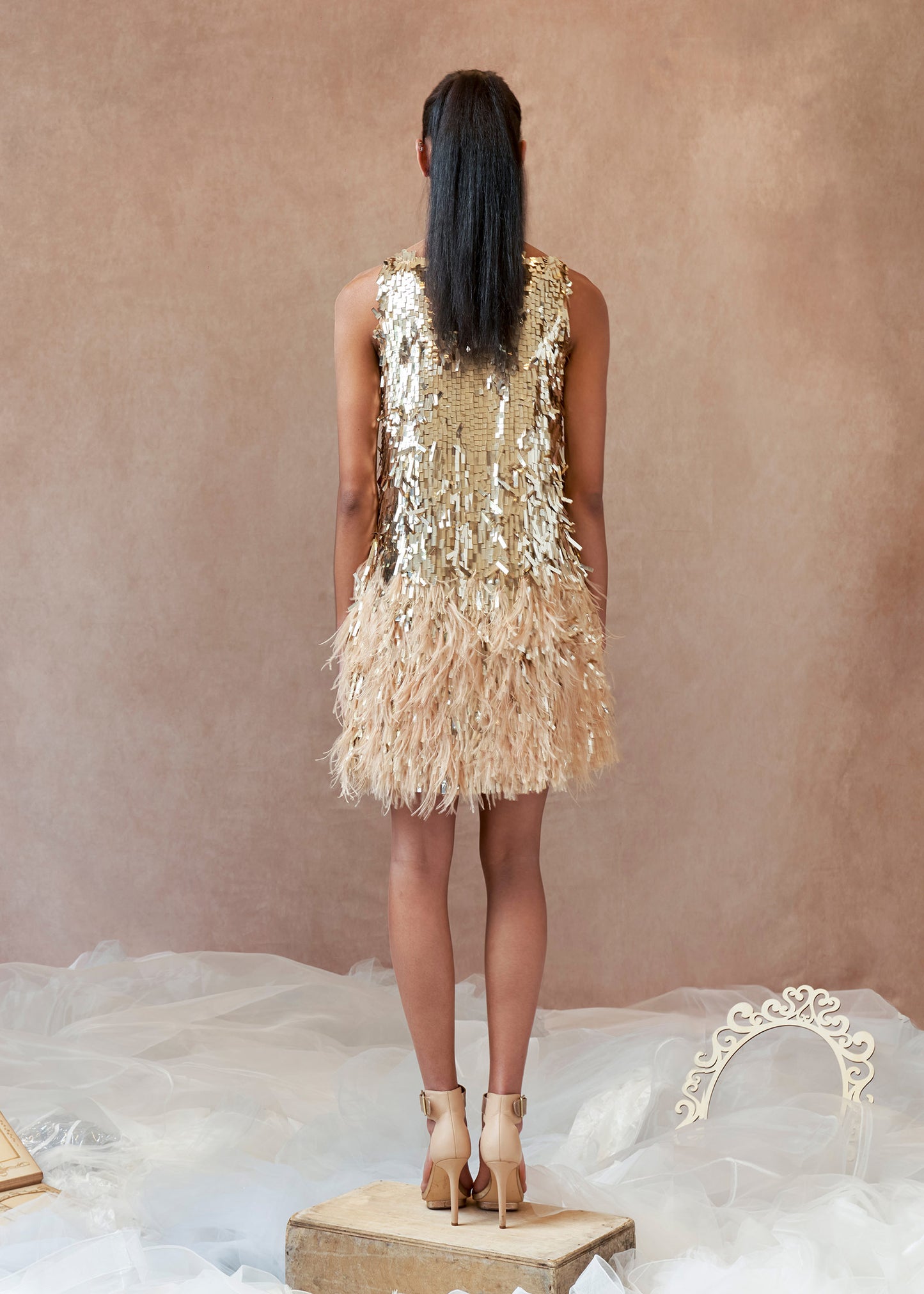 Sequin Short Dress with V-Neck and Feather Details