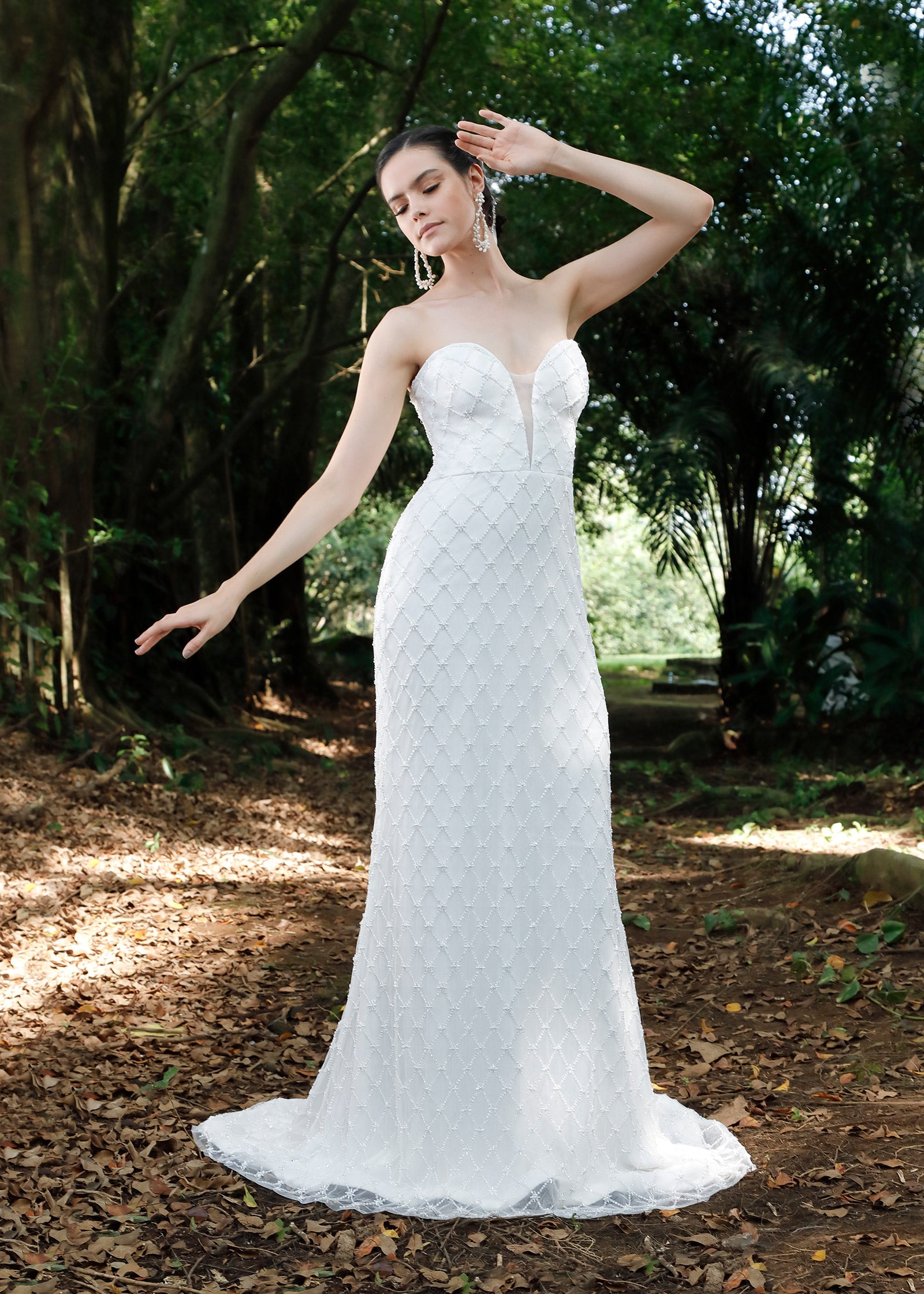 Strapless Sheath Wedding Dress with Geometric Beaded Lotus Threads Bridal Strapless Sheath Wedding Dress with Geometric Beaded Lotus Threads Bridal