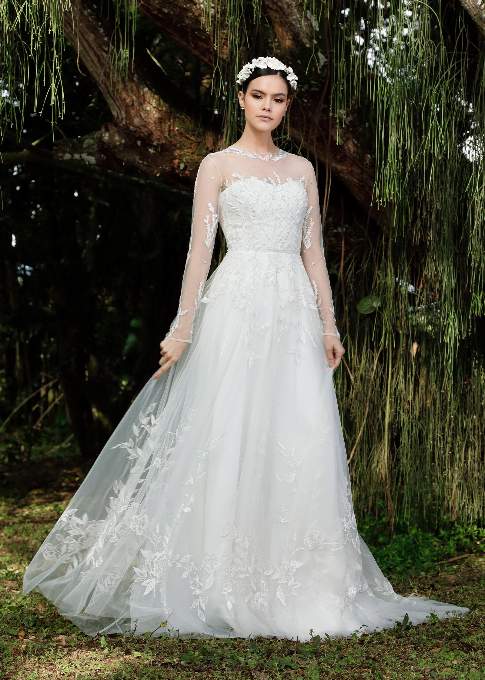 Elegant Long Sleeve A-Line Gown with Floral Beading – Lotus Threads Bridal