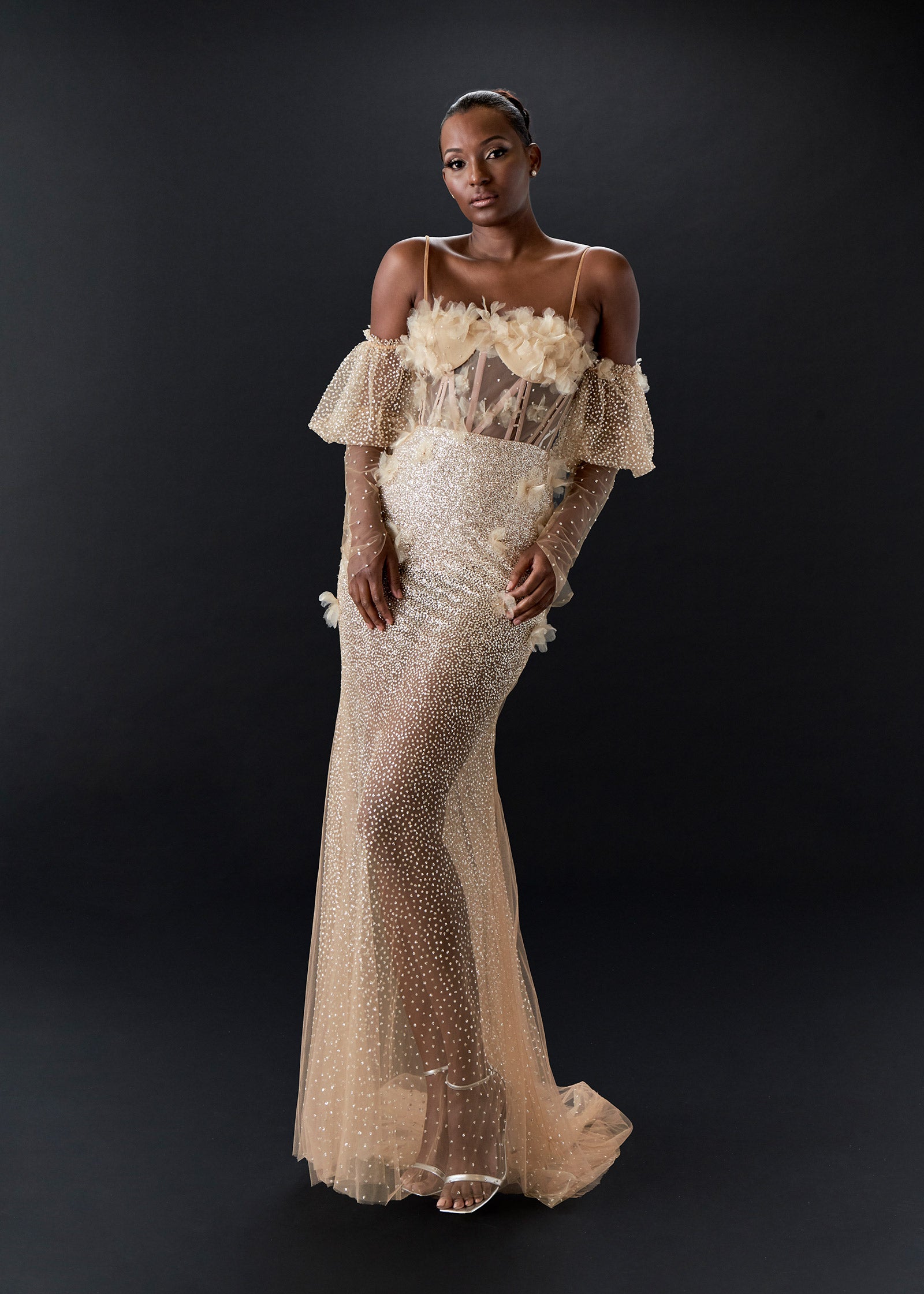 Sheath Gown in European Glitter Tulle with 3D Florals – Lotus Threads ...