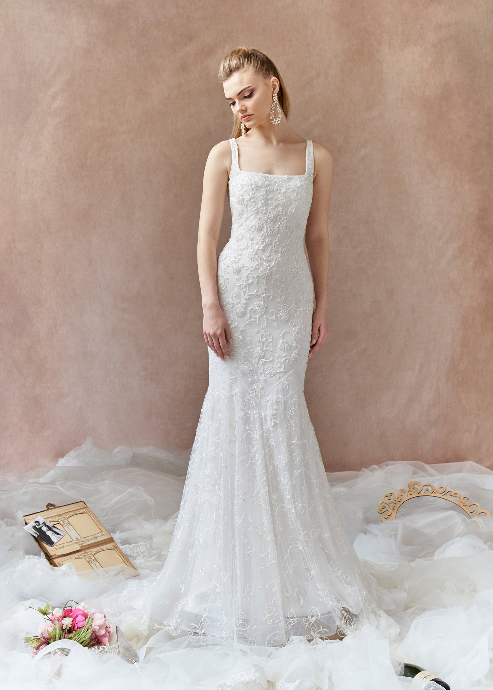 Crystal Floral Fit and Flare Gown with Square Neckline – Lotus Threads Bridal