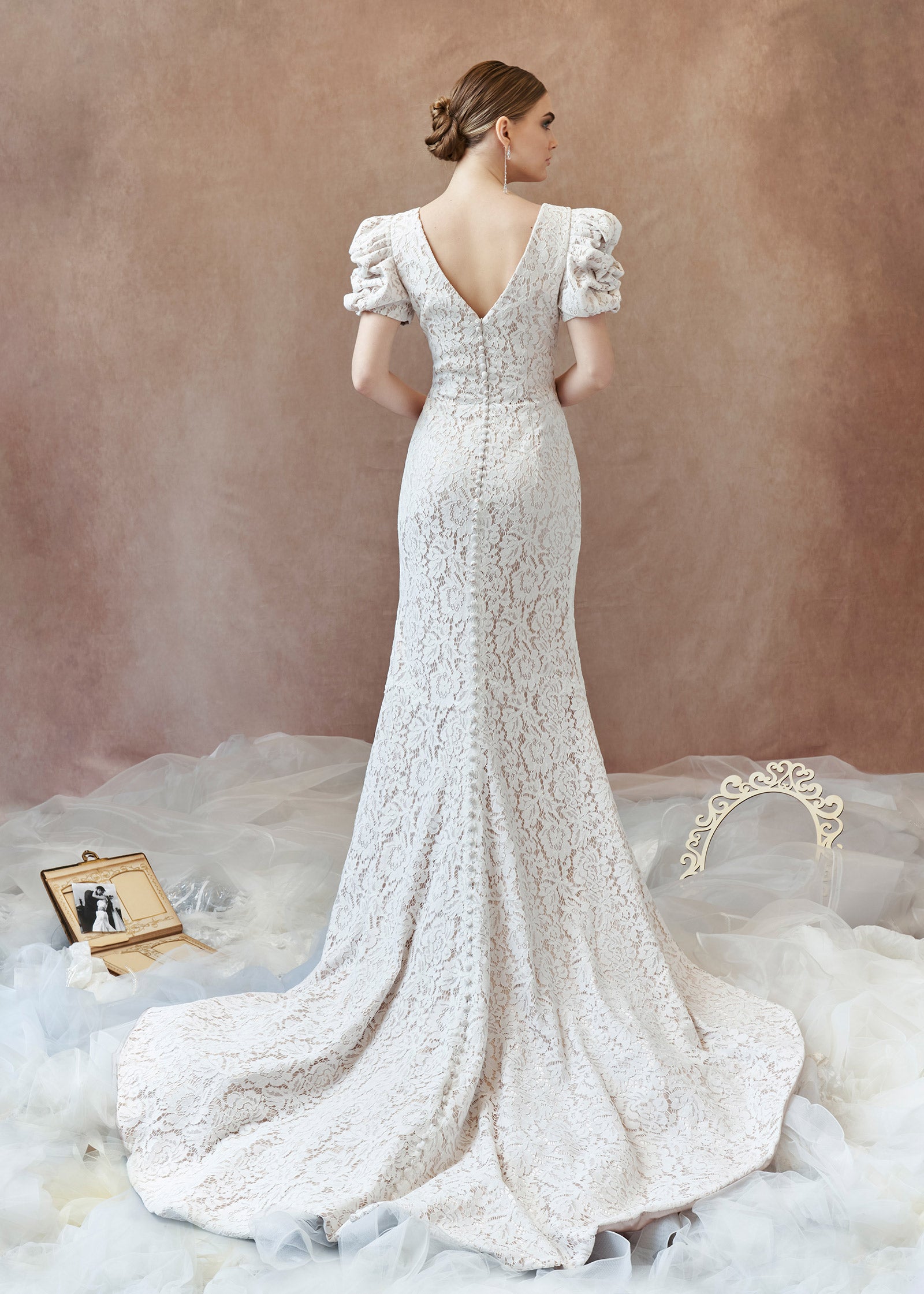 Lace Mermaid Wedding Dress with V-neck & Shirred Sleeves Lotus Threads Bridal Lace Mermaid Wedding Dress with V-neck & Shirred Sleeves Lotus Threads Bridal