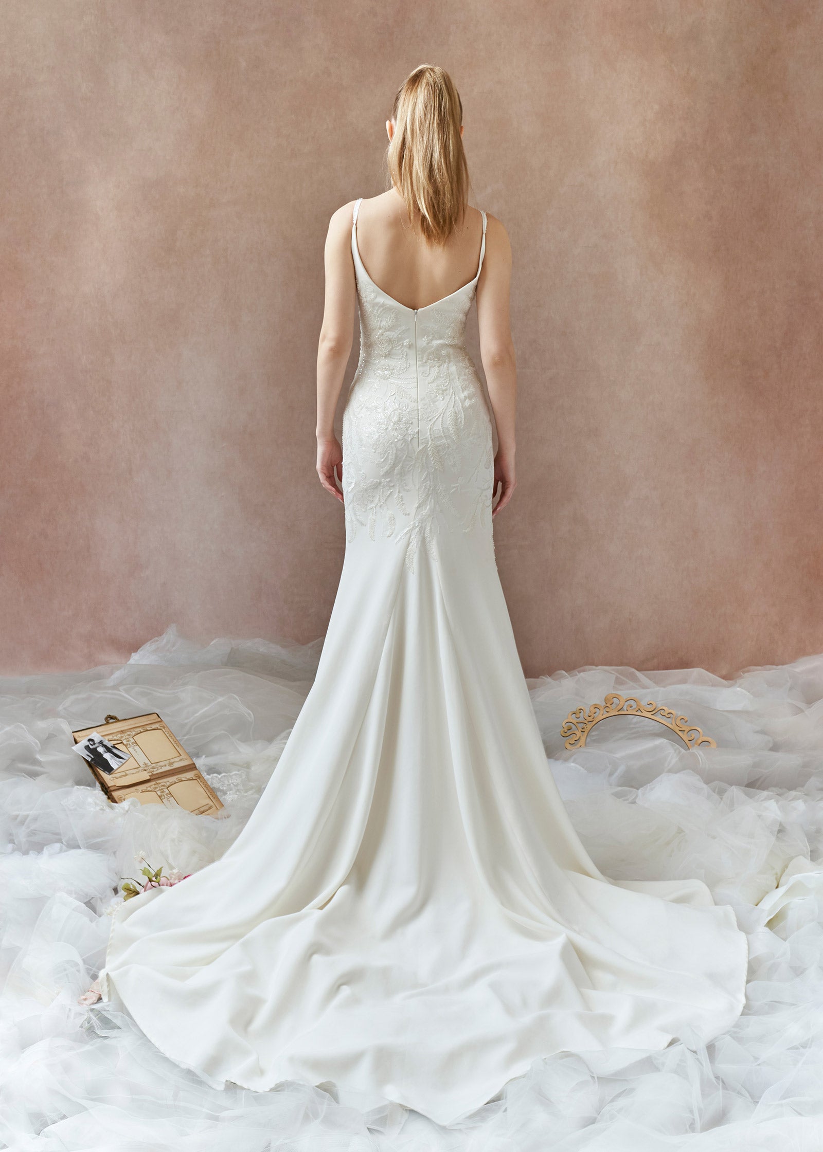 Deep V-Neck Crepe Mermaid Wedding Dress with Crystal Floral Appliqué - Back | Lotus Threads Bridal