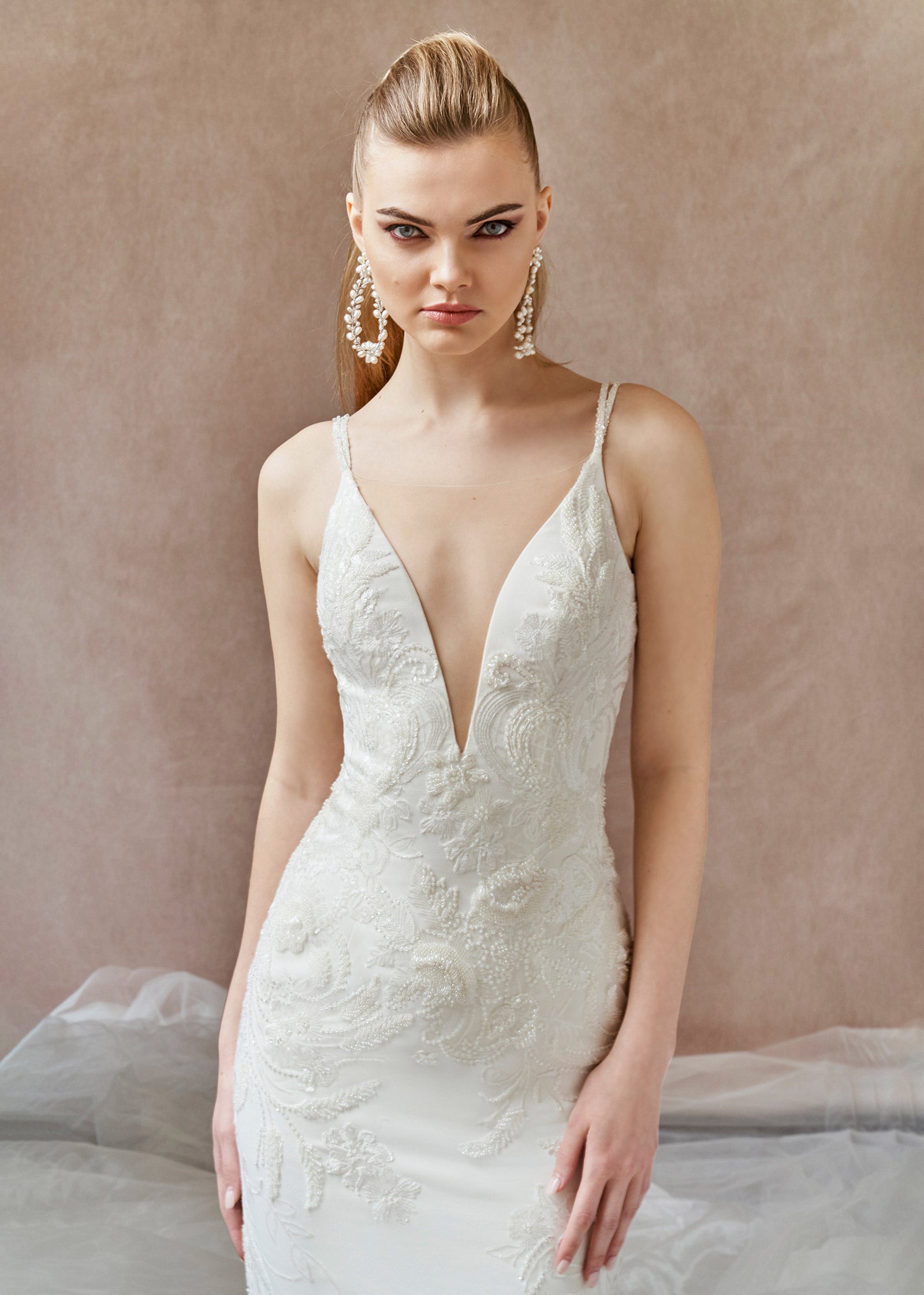 Deep V-Neck Crepe Mermaid Gown with Floral Appliqué – Lotus Threads Bridal