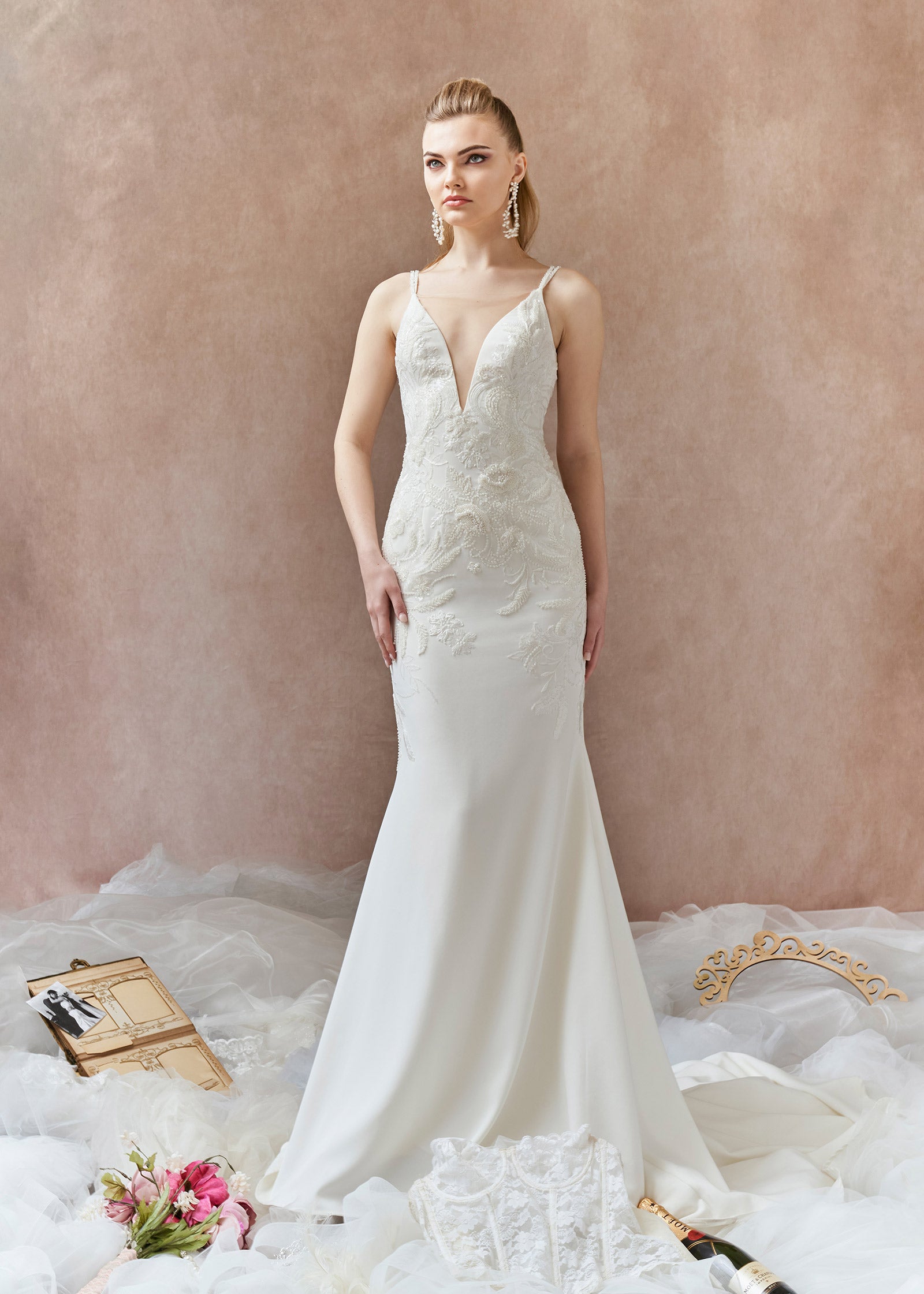 Deep V-Neck Crepe Mermaid Wedding Dress with Crystal Floral Appliqué | Lotus Threads Bridal