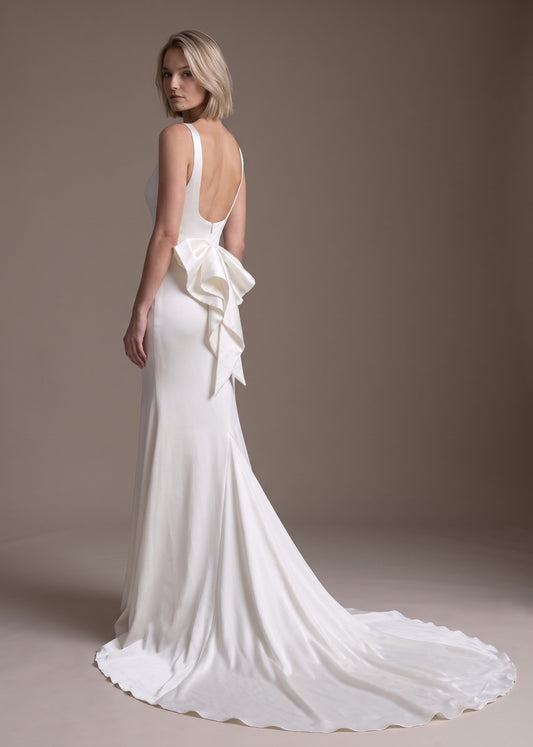 Satin Square-Neck Mermaid Wedding Dress with Scoop Back & Bow