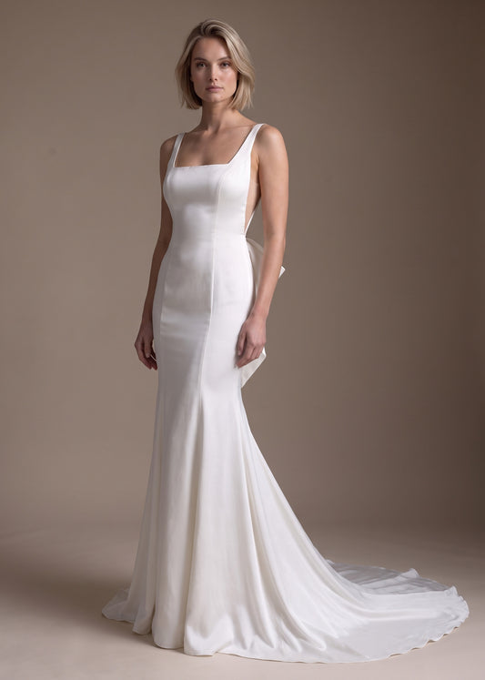 Satin Square-Neck Mermaid Wedding Dress with Scoop Back & Bow | Lotus Threads Bridal