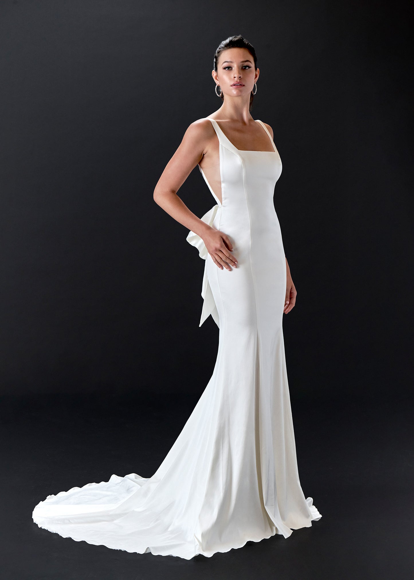 Satin Square-Neck Mermaid Wedding Dress with Scoop Back & Bow Lotus Threads Bridal Satin Square-Neck Mermaid Wedding Dress with Scoop Back & Bow Lotus Threads Bridal