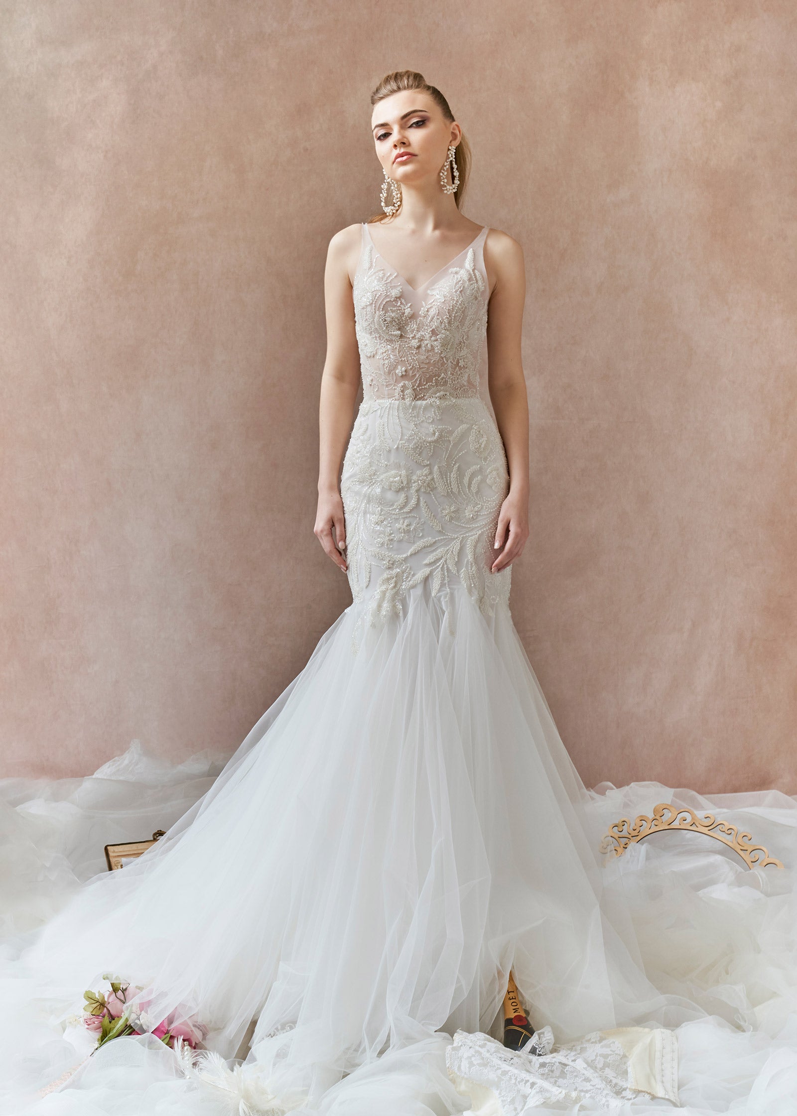 Fit & Flare Gown with Lace Crystal Appliqué Bodice – Lotus Threads Bridal