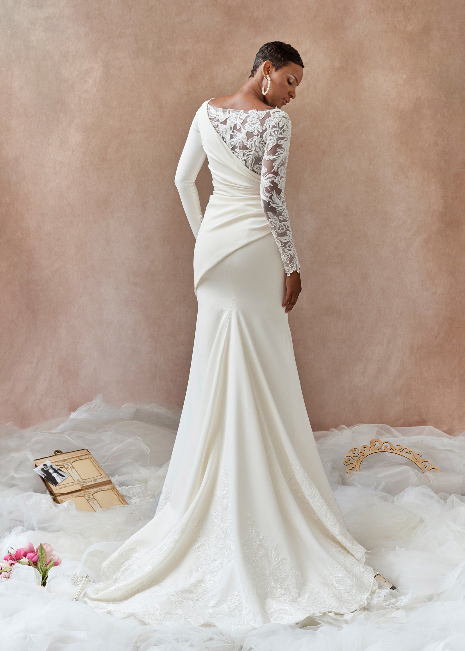 Crepe Mermaid Gown with Drape Detail and Lace Embellishments - back