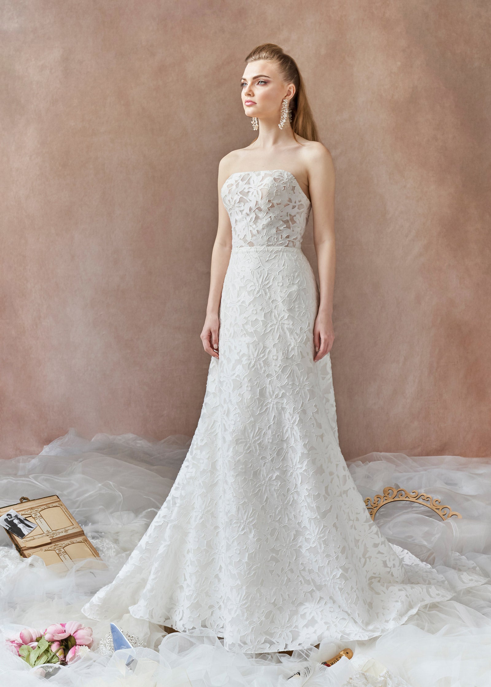 Strapless A-Line Wedding Dress with Floral Brocade Fabric – Lotus Threads  Bridal