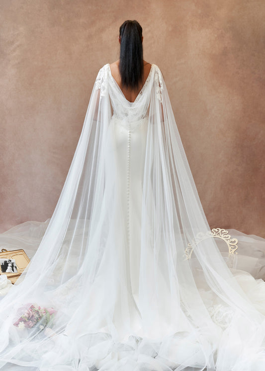 Fit and Flare Gown with Deep V-Plunge and Tulle Cape Sleeves - Back