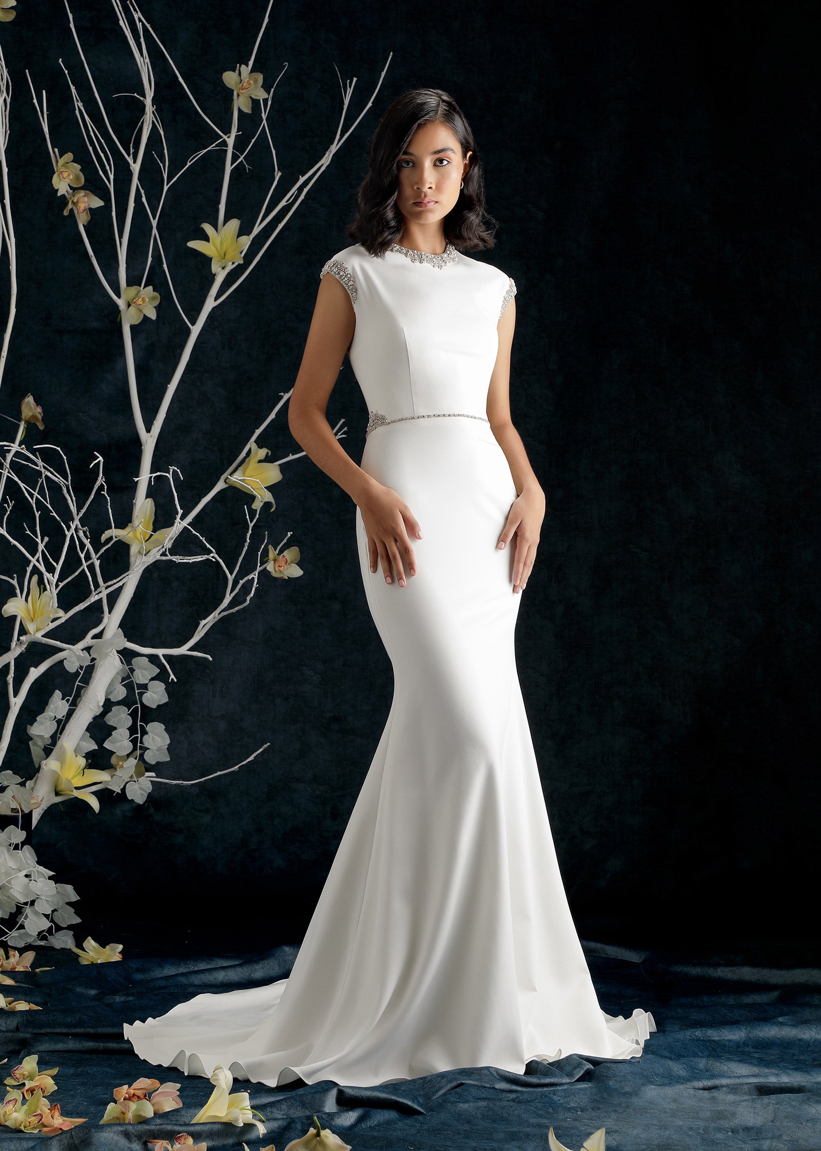 fitted lace wedding dress Euphorbia Crepe Mermaid Wedding Dress with Jewel Neckline – Lotus Threads  Bridal