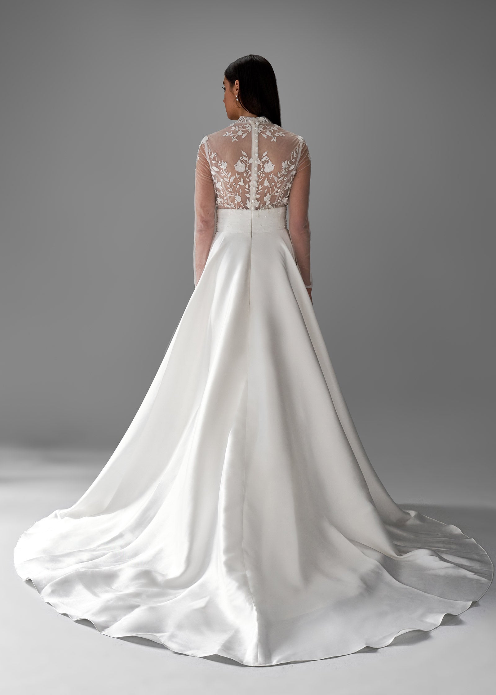 Long Sleeves Mock Neck Gown with A-line Skirt in Mercato Lotus Threads Bridal Long Sleeves Mock Neck Gown with A-line Skirt in Mercato Lotus Threads Bridal