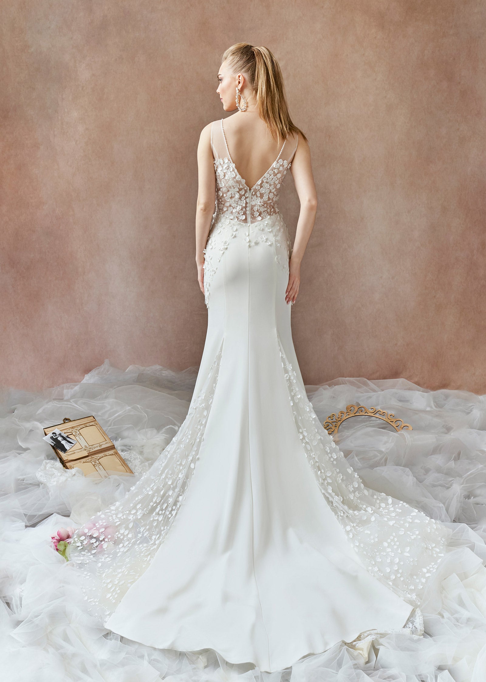 Mermaid plunge neck gown with Chapel Train - Back | Lotus Threads Bridal
