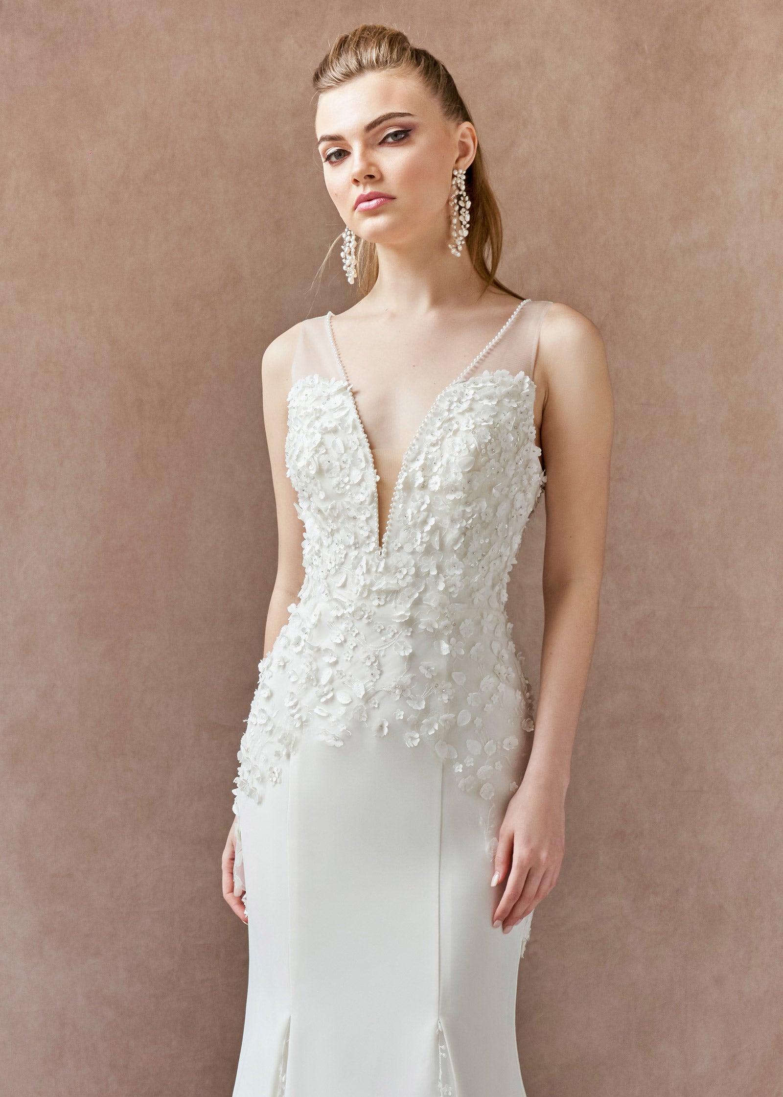 3D Floral Crepe Mermaid Gown with Plunging Neckline - Closeup | Lotus Threads Bridal