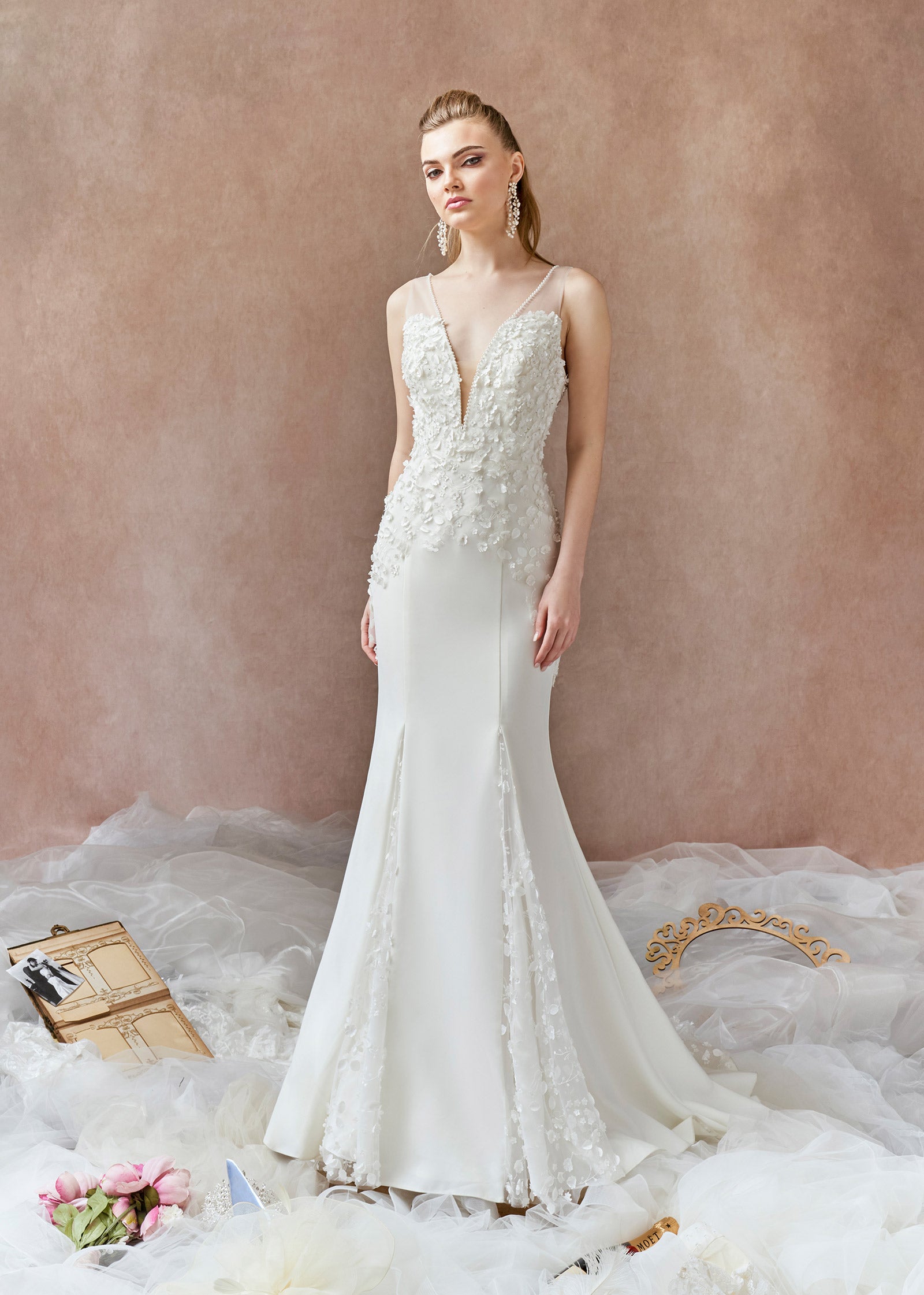Crepe Mermaid Wedding Dress with Plunging Neckline | Lotus Threads Bridal