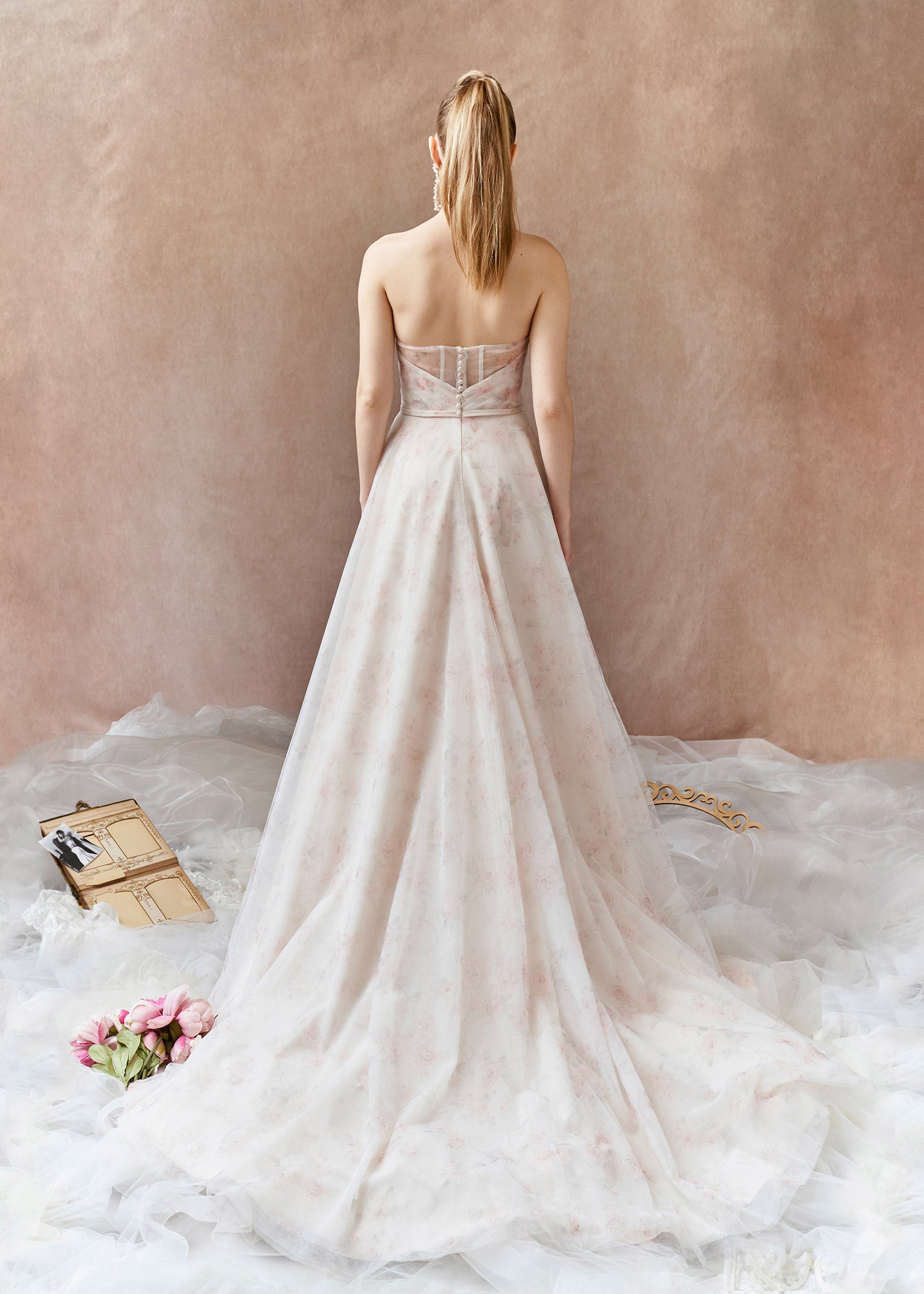 Strapless A-Line Gown with Printed Florals and Cape – Lotus Threads Bridal