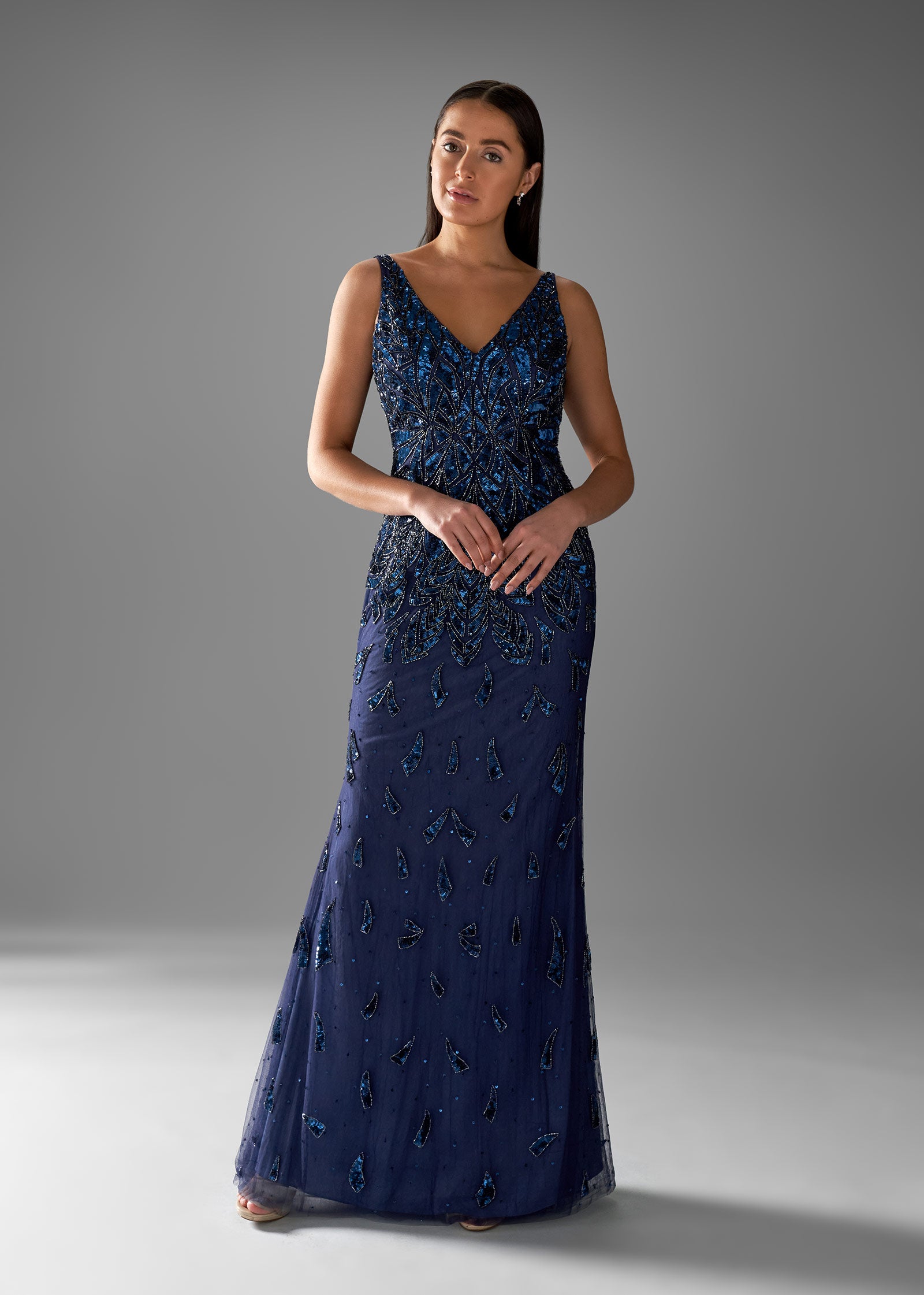 Geometric Hand-Beaded Sheath Gown with V-Neckline – Lotus Threads Bridal