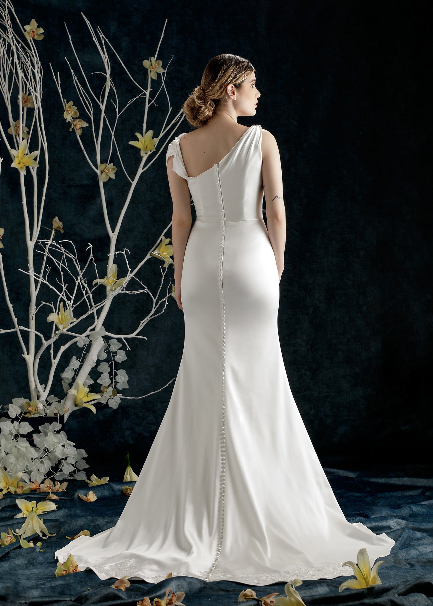 Asymmetrical One-Shoulder Luxe Satin Mermaid Gown - Back